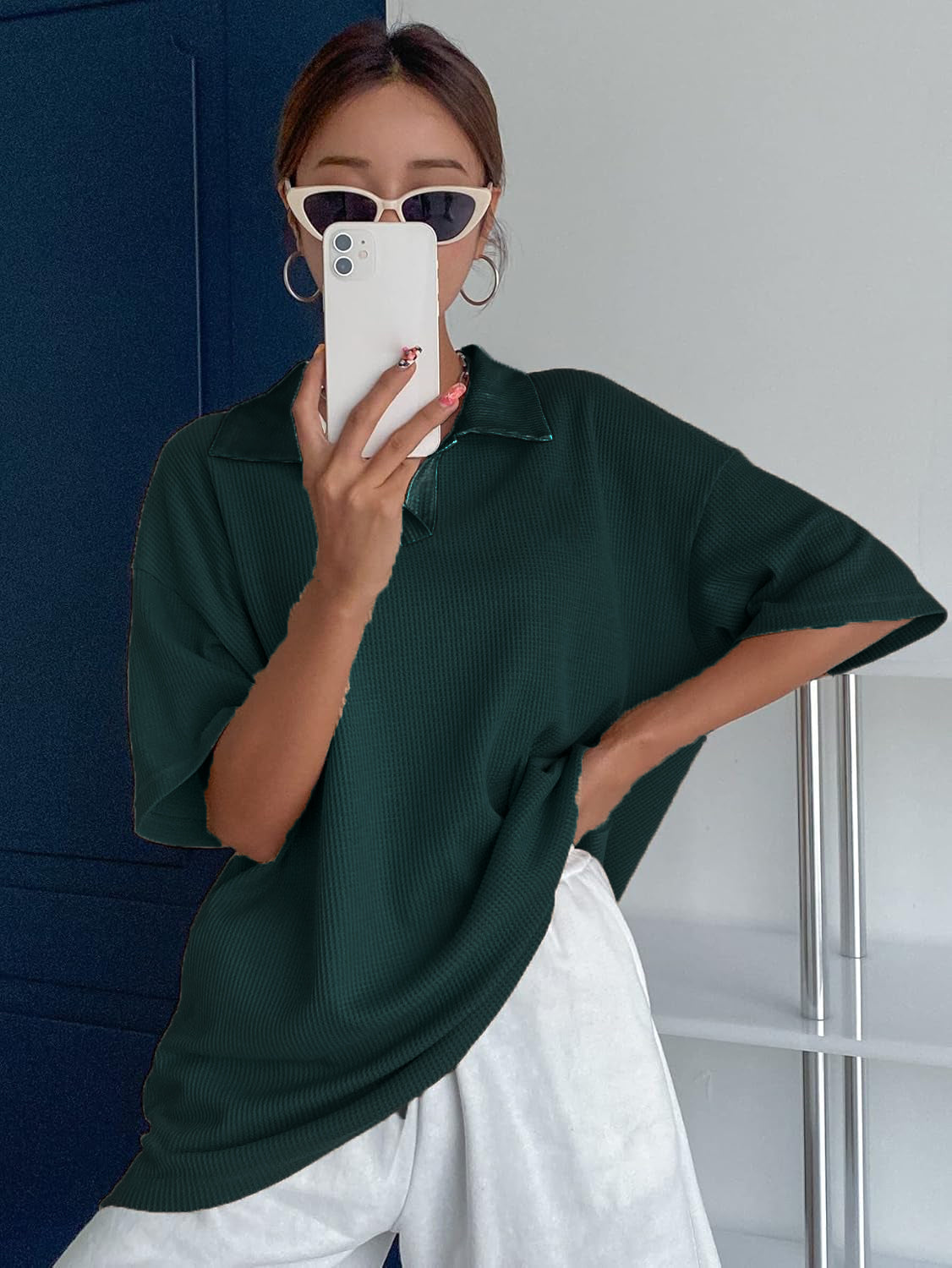 Women Collared Preppy Oversized Dark Green Tops