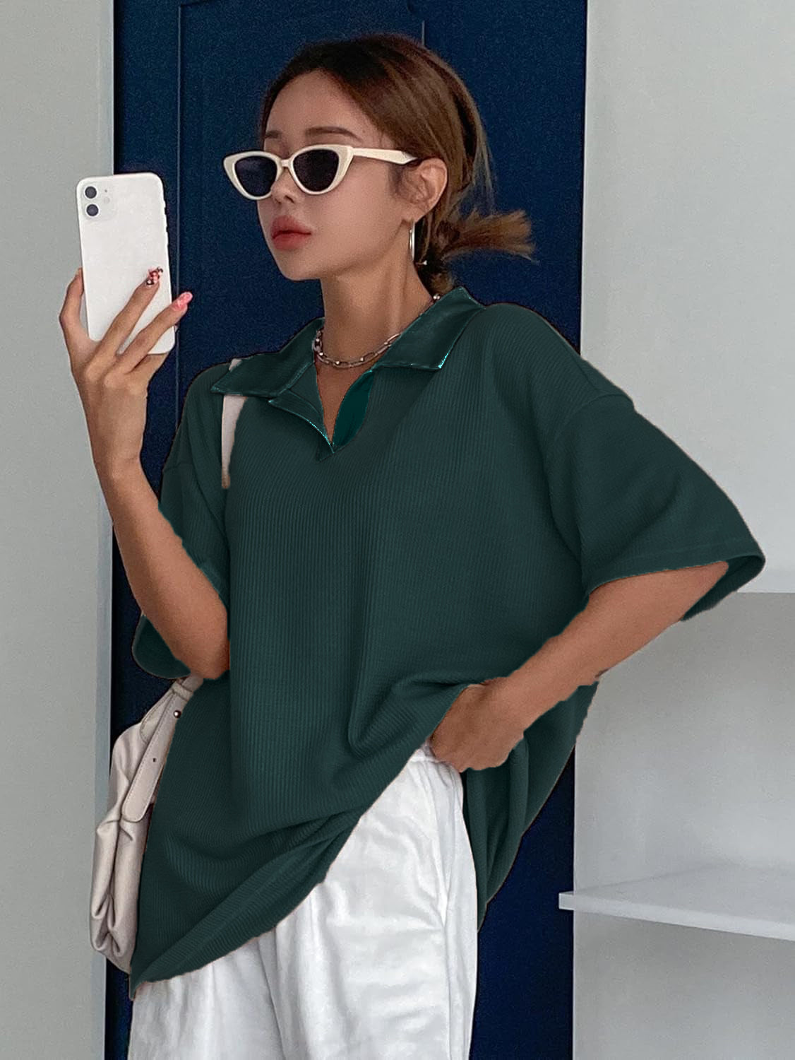 Women Collared Preppy Oversized Dark Green Tops