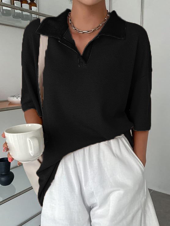 Women Collared Preppy Oversized Black Tops