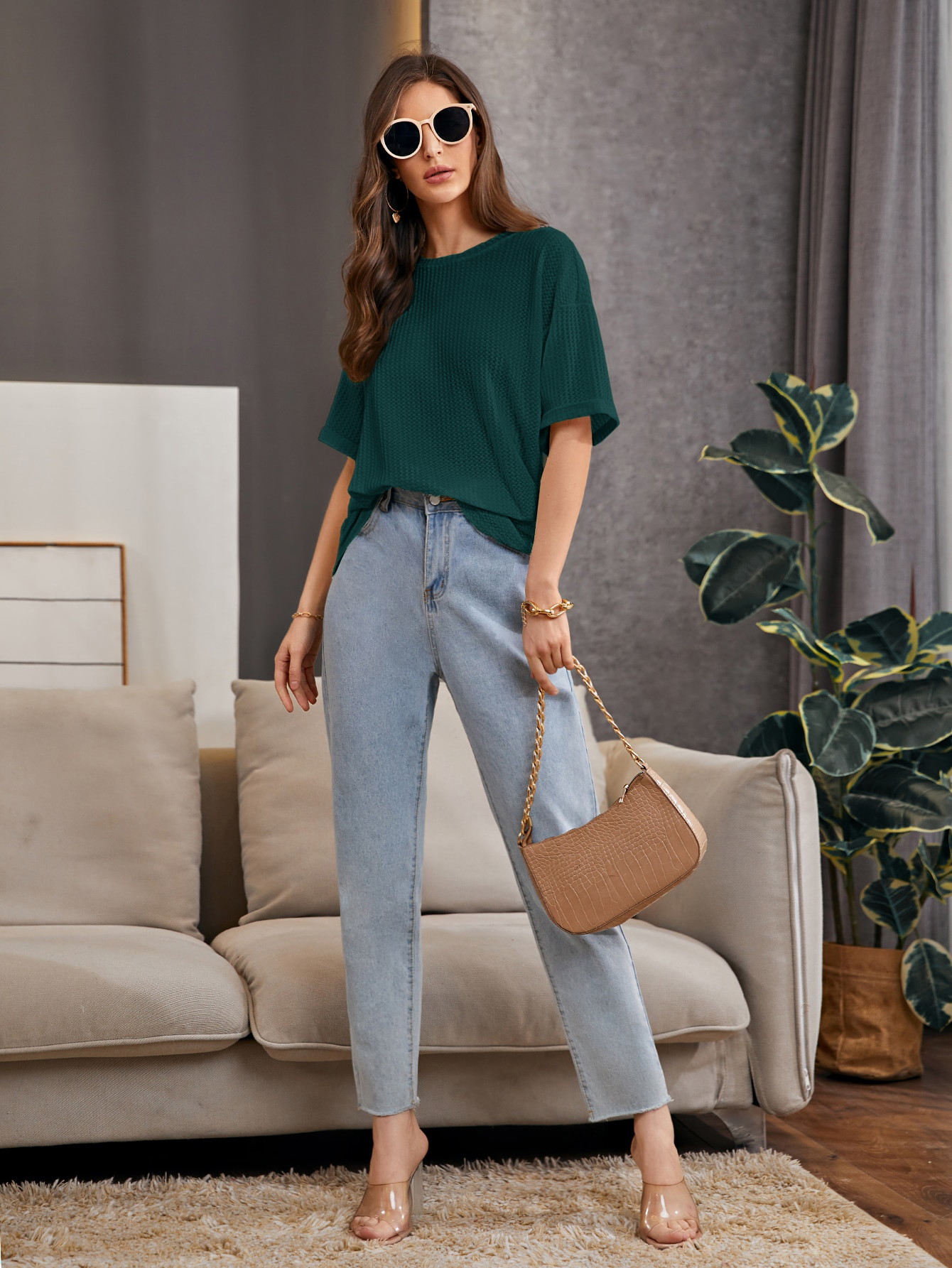 Women Oversized Western Dark Green Tops