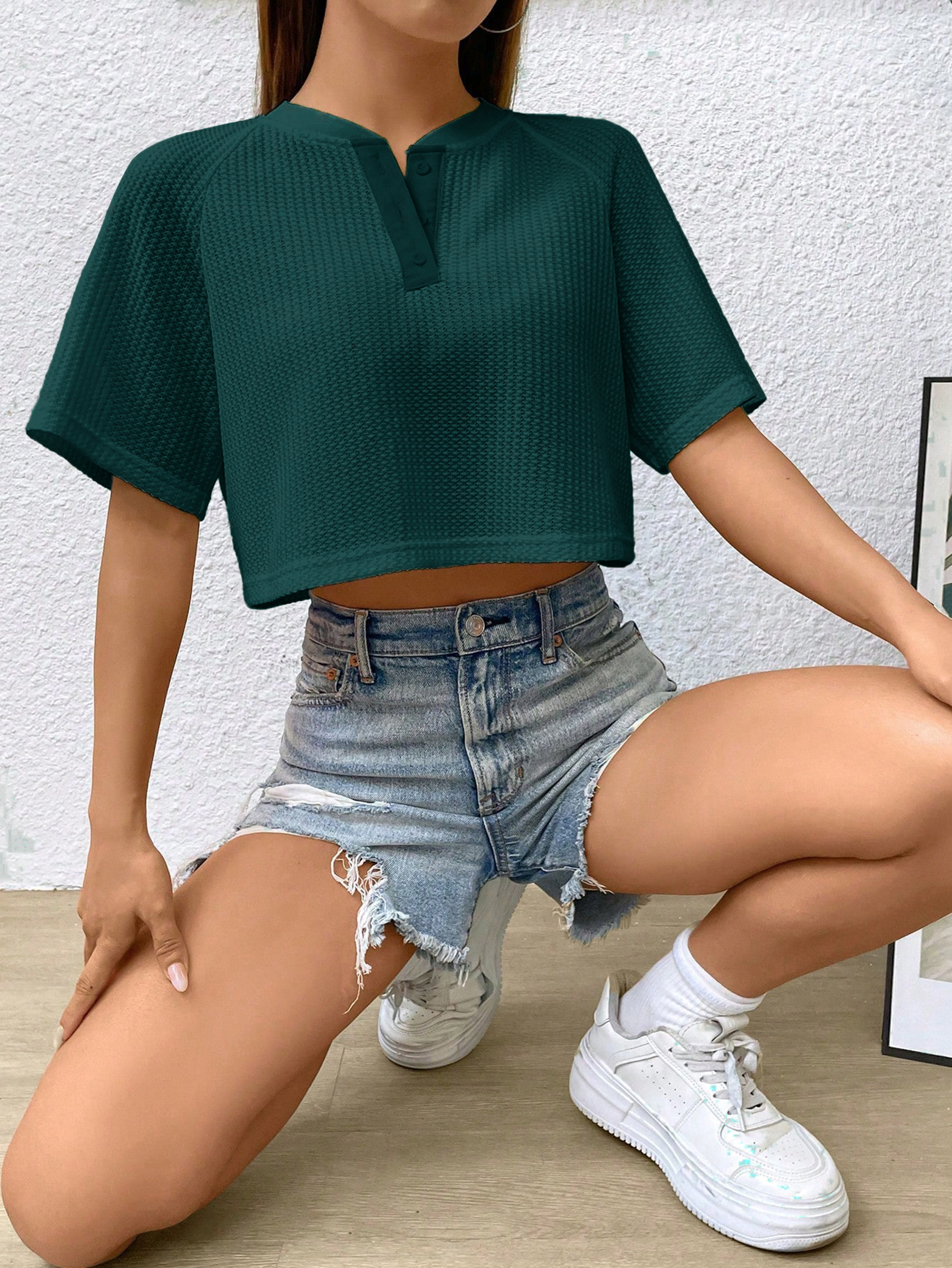 Women Cropped Party Disco Dark Green Tops