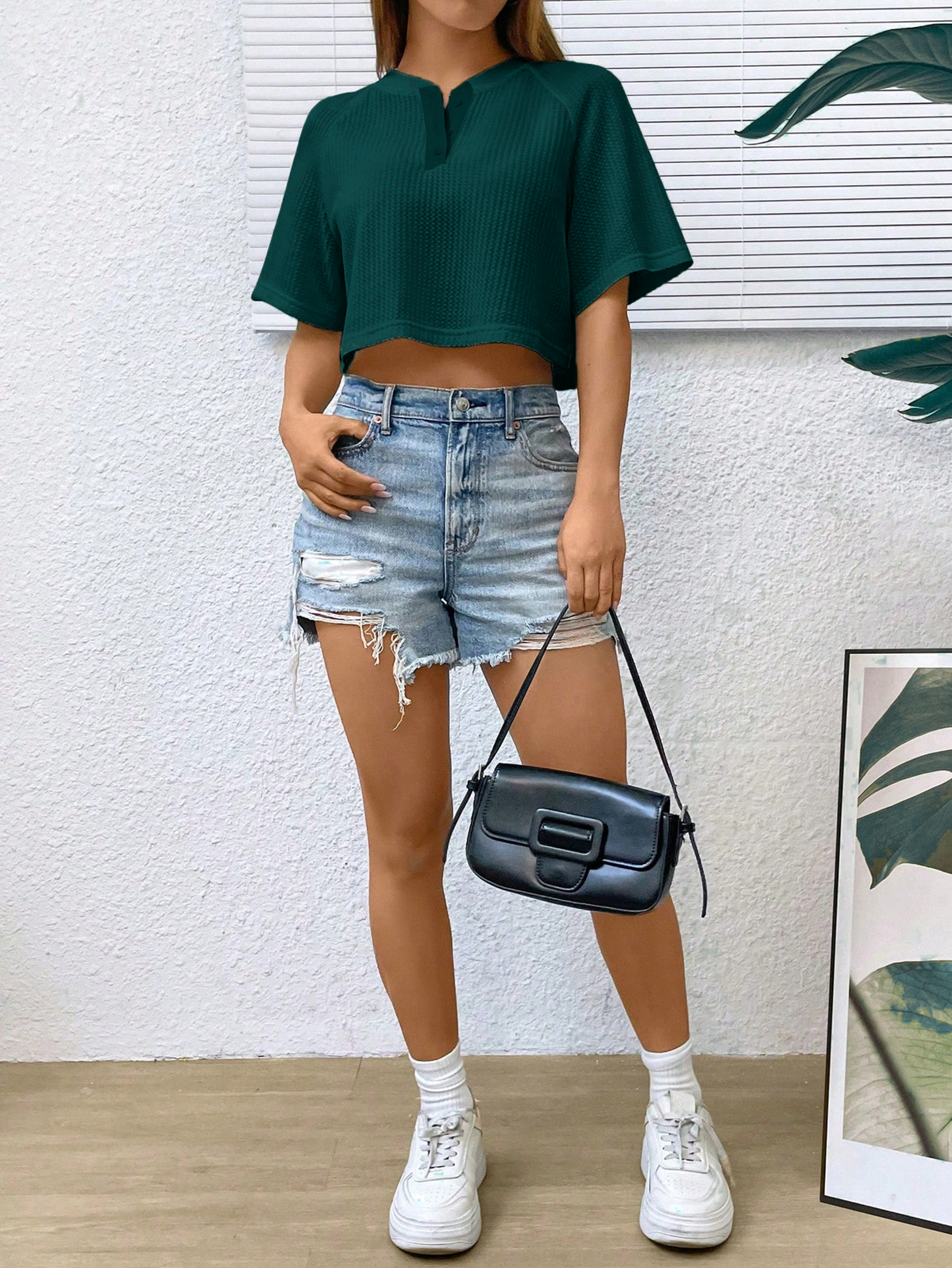 Women Cropped Party Disco Dark Green Tops
