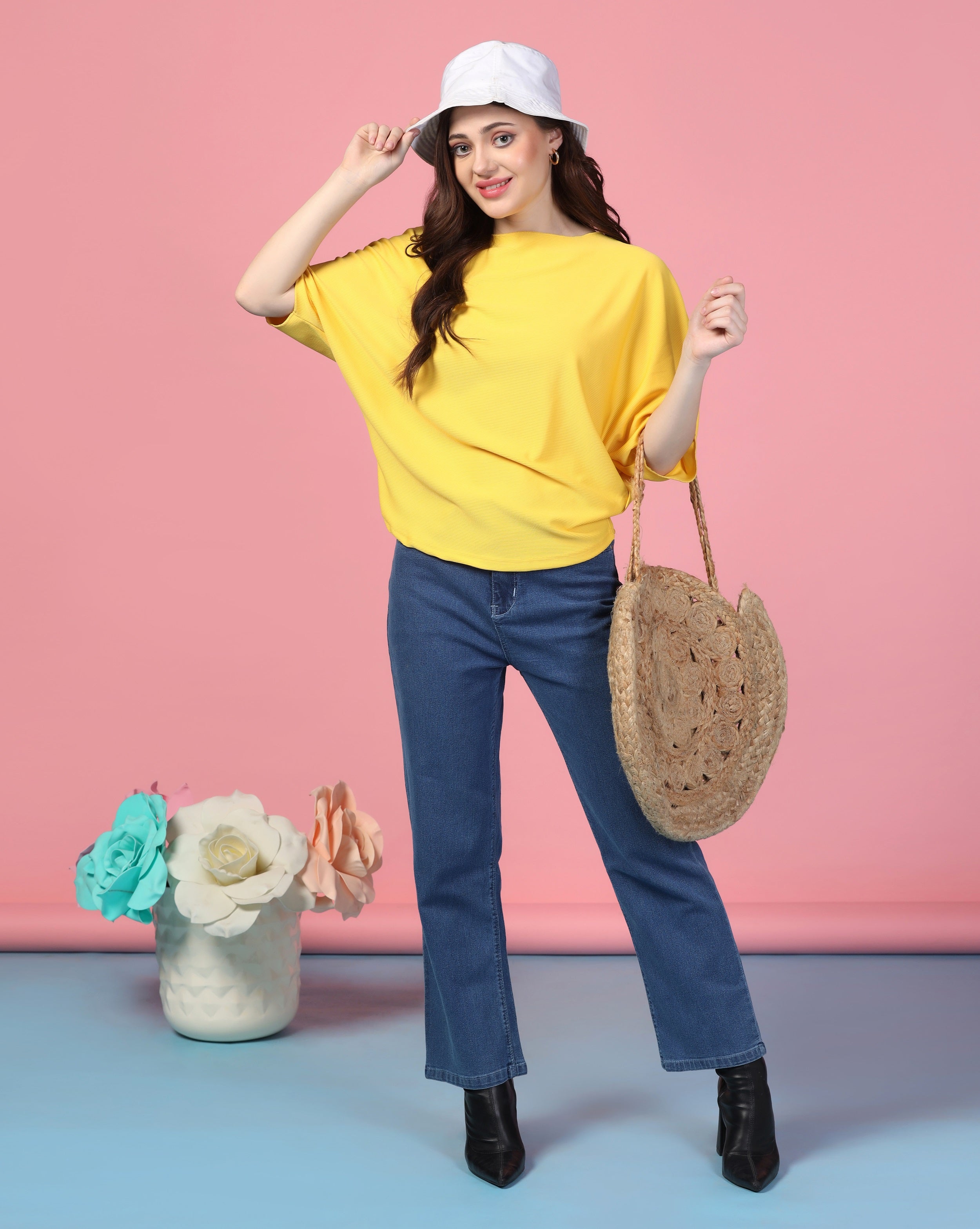 Zilcon Women Fashion Trendy Ribbed Boat Neck Yellow Top