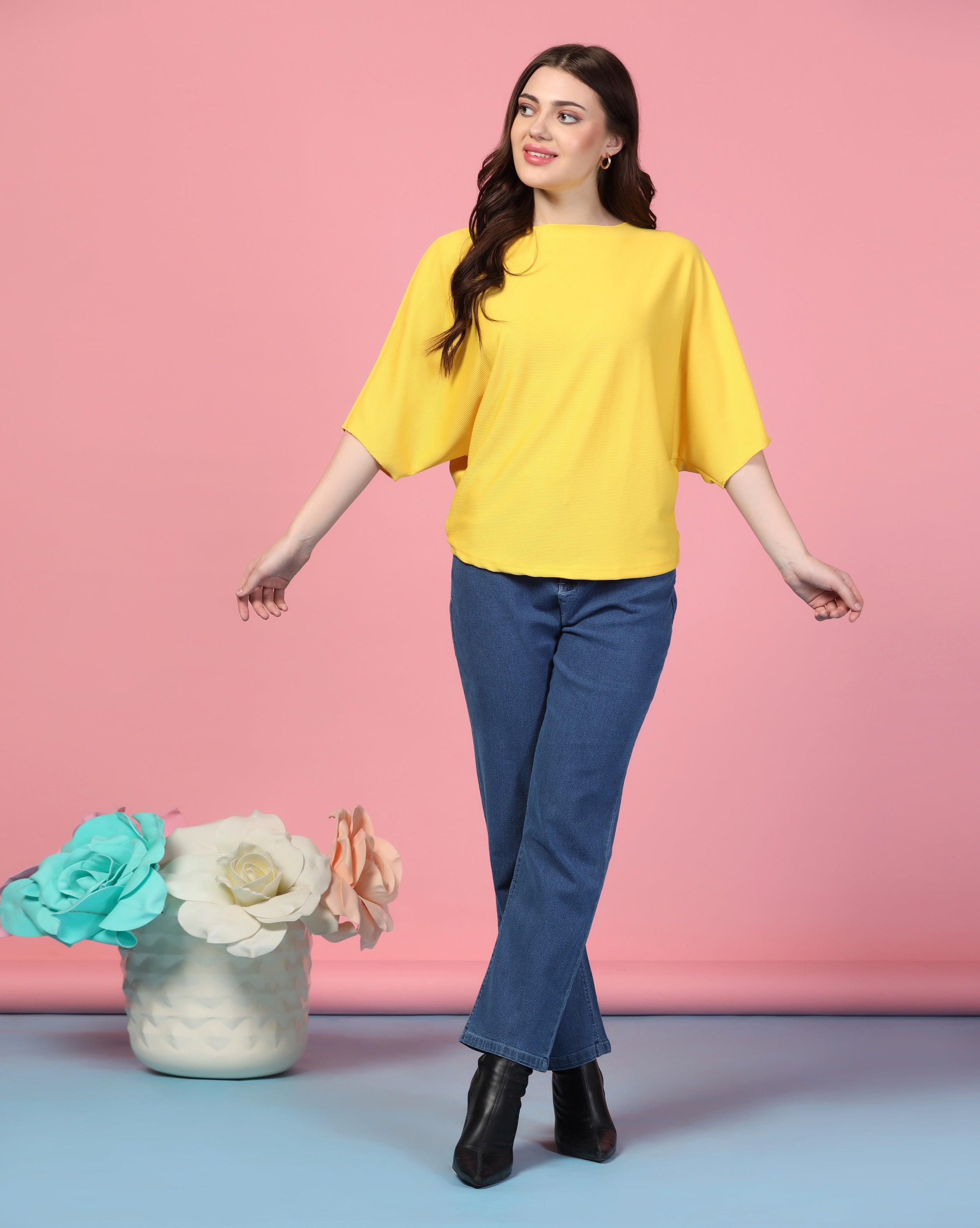Zilcon Women Fashion Trendy Ribbed Boat Neck Yellow Top