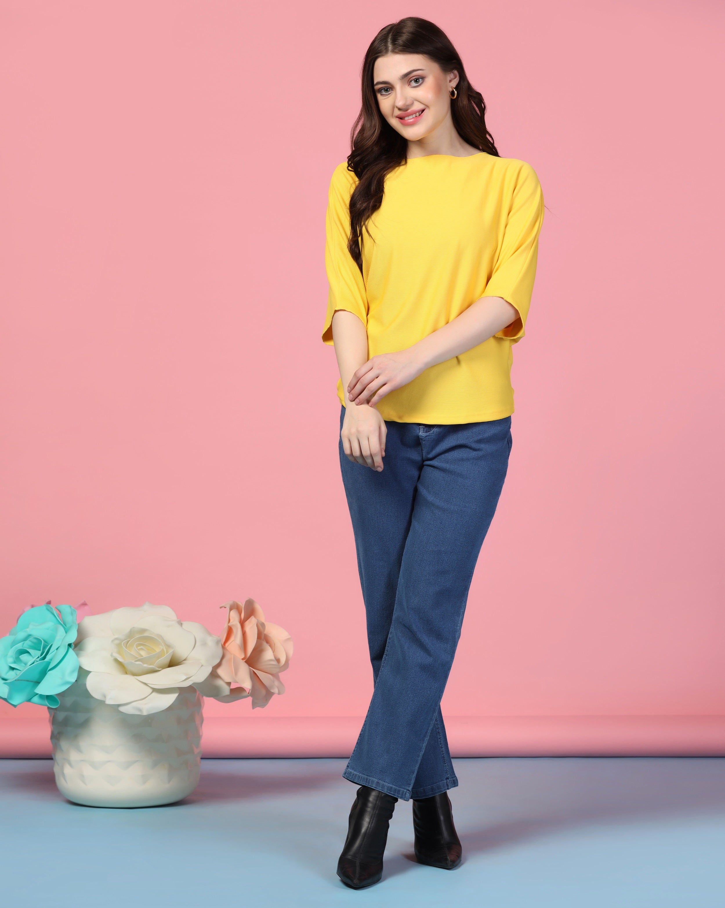 Zilcon Women Fashion Trendy Ribbed Boat Neck Yellow Top