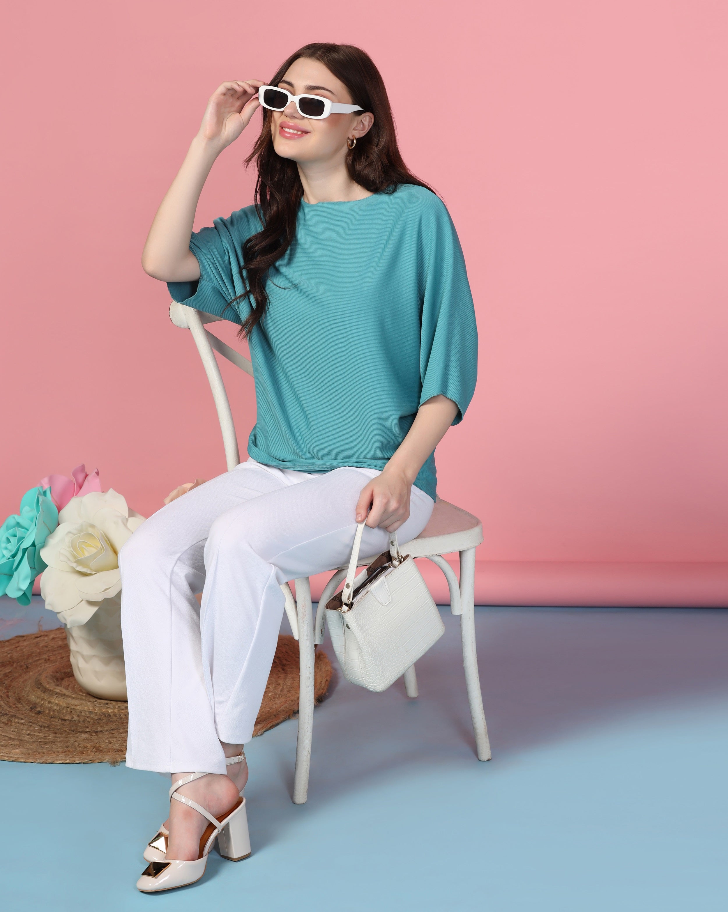 Zilcon Women Fashion Trendy Ribbed Boat Neck Blue Top