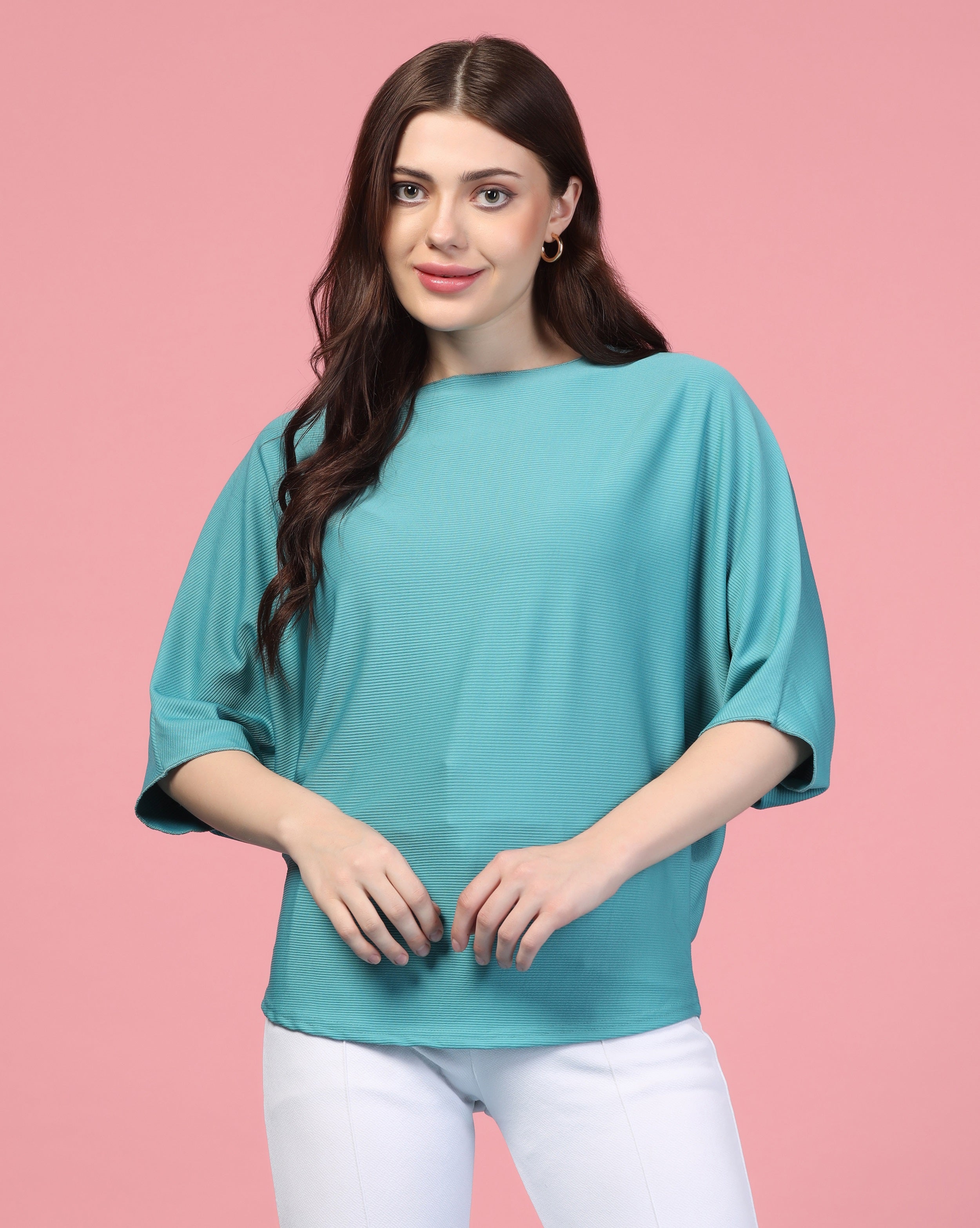 Zilcon Women Fashion Trendy Ribbed Boat Neck Blue Top