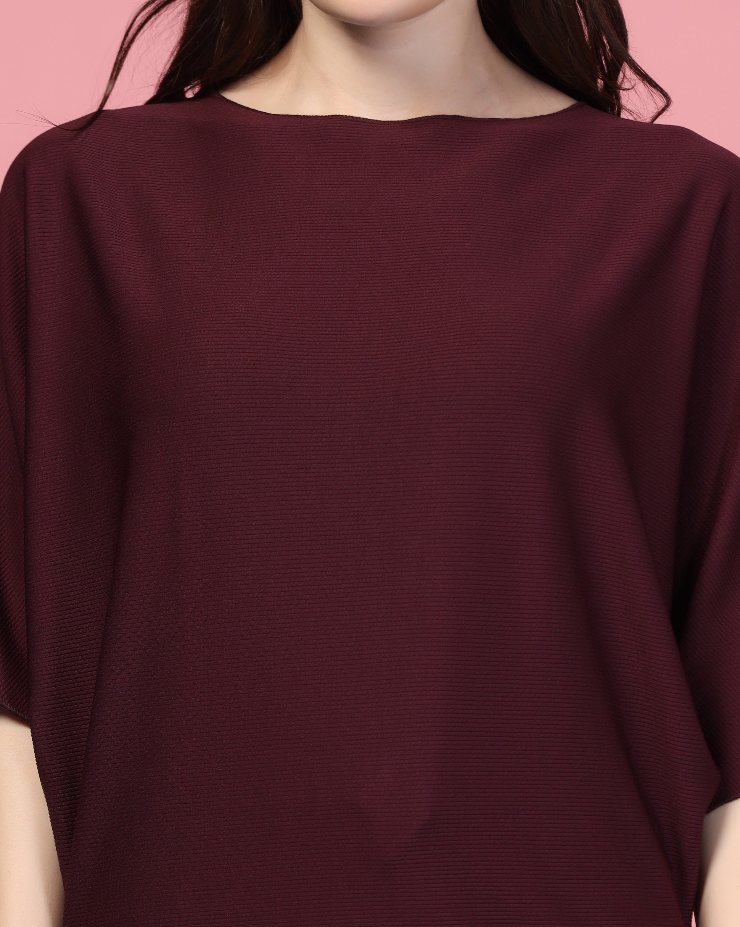 Zilcon Women Fashion Trendy Ribbed Boat Neck Maroon Top