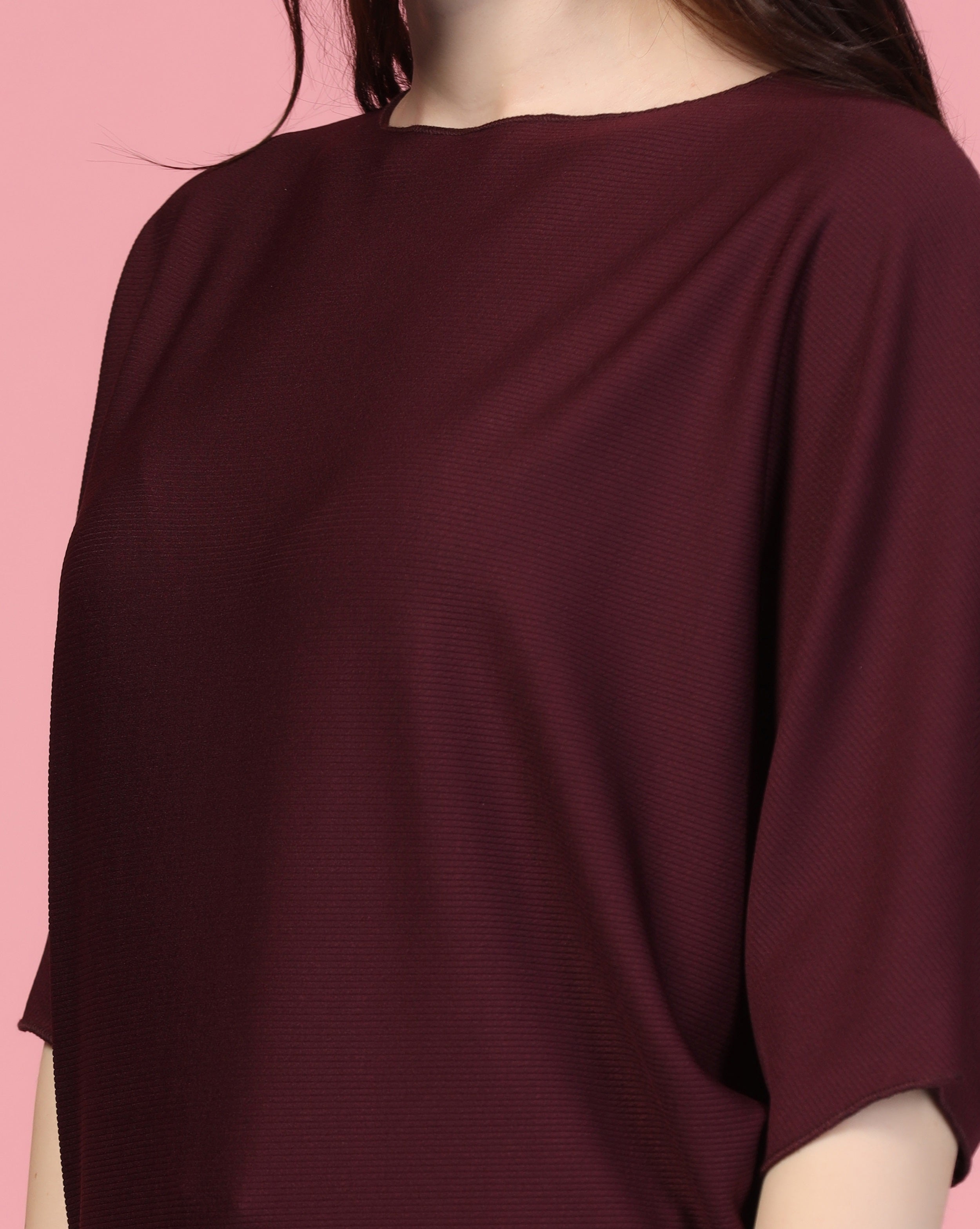 Zilcon Women Fashion Trendy Ribbed Boat Neck Maroon Top