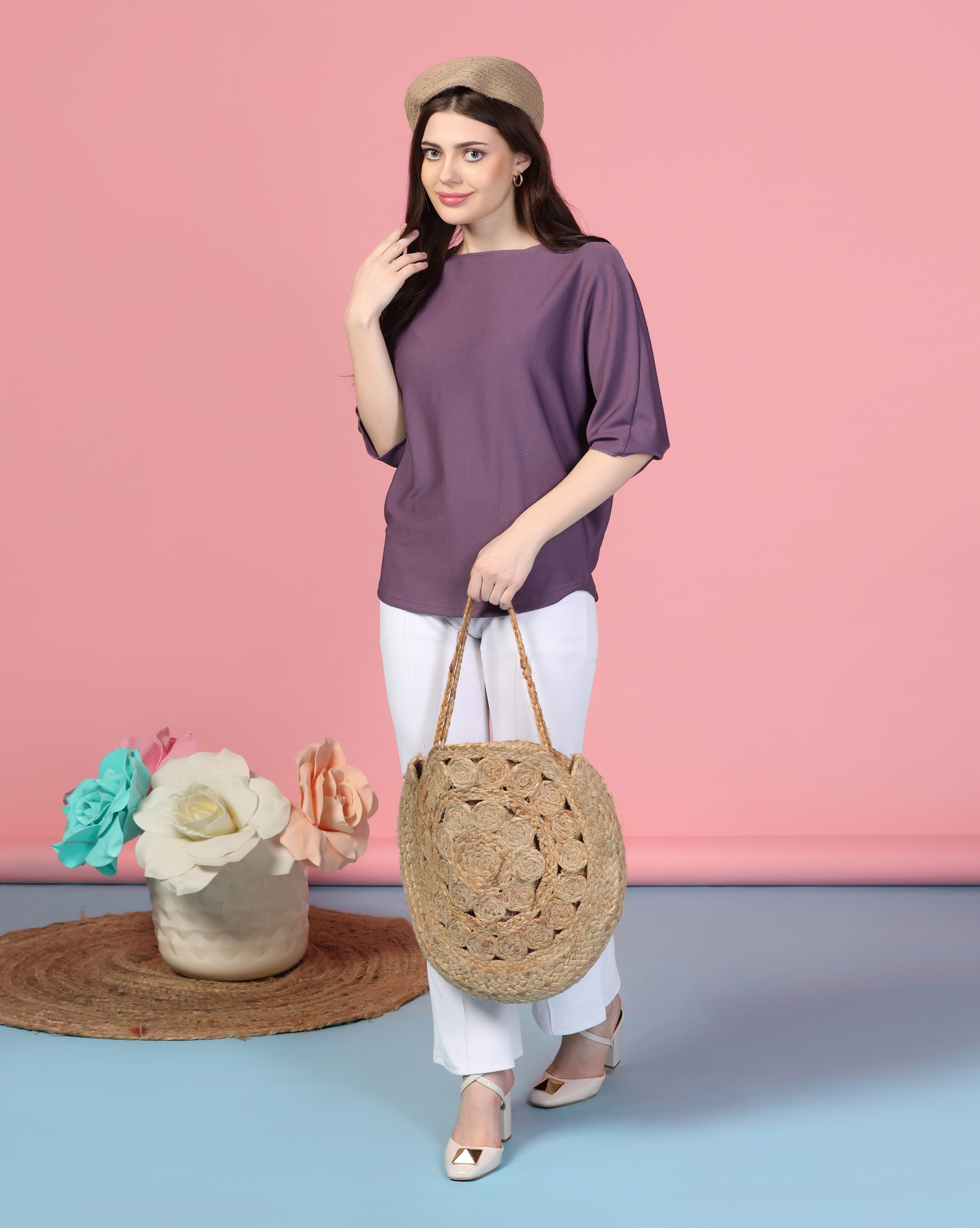 Zilcon Women Fashion Trendy Ribbed Boat Neck Purple Top