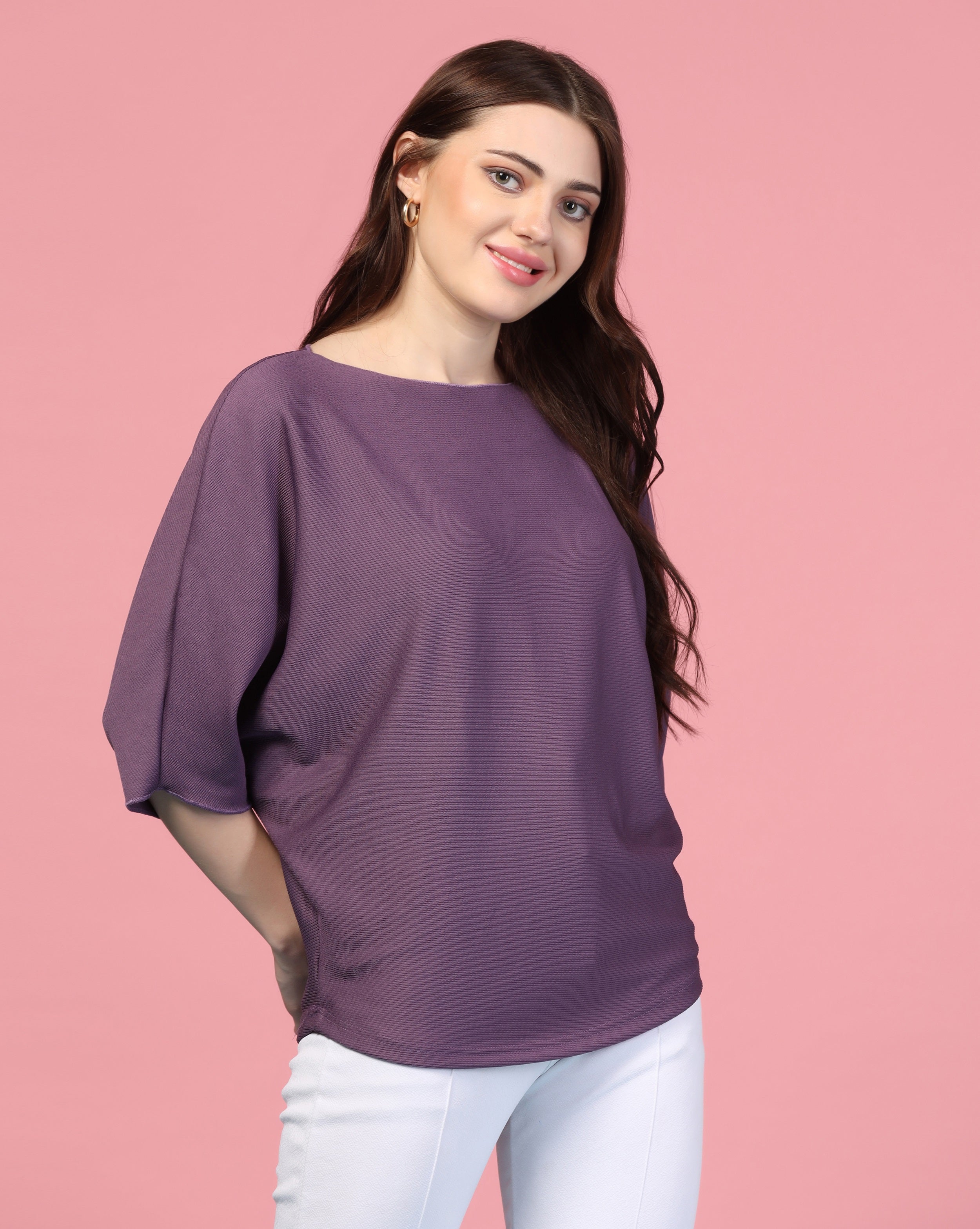 Zilcon Women Fashion Trendy Ribbed Boat Neck Purple Top