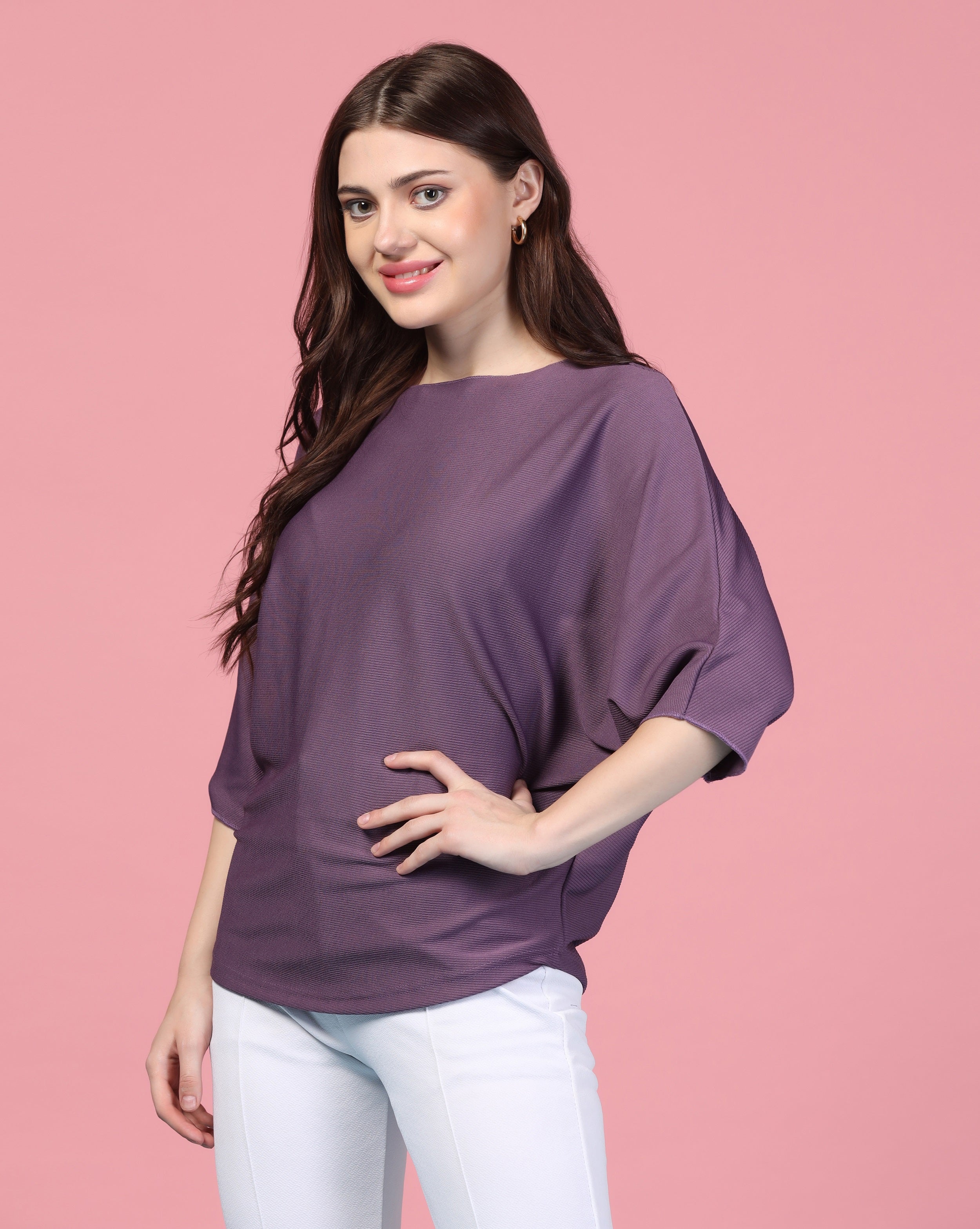 Zilcon Women Fashion Trendy Ribbed Boat Neck Purple Top