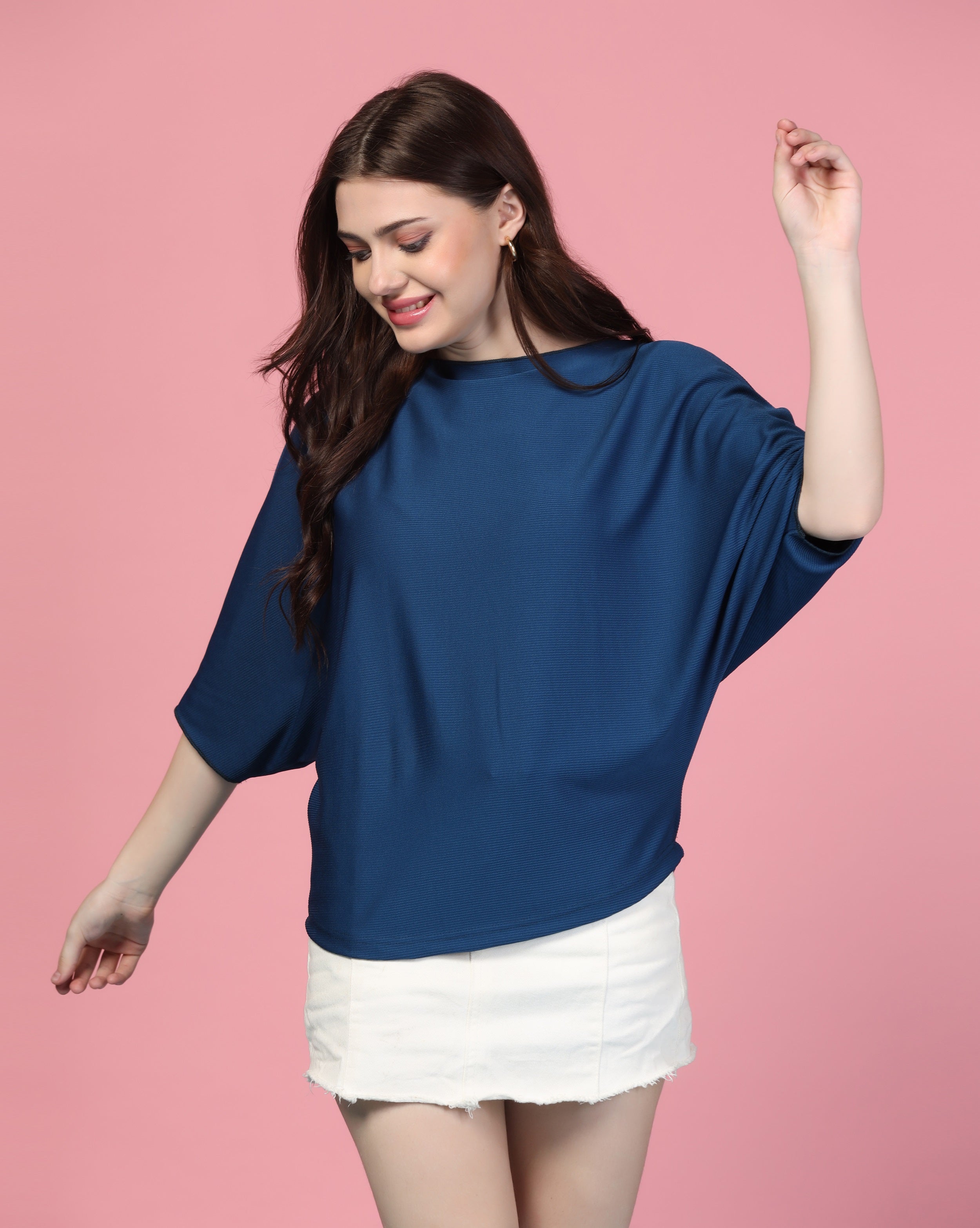 Zilcon Women Fashion Trendy Ribbed Boat Neck Navy Blue Top