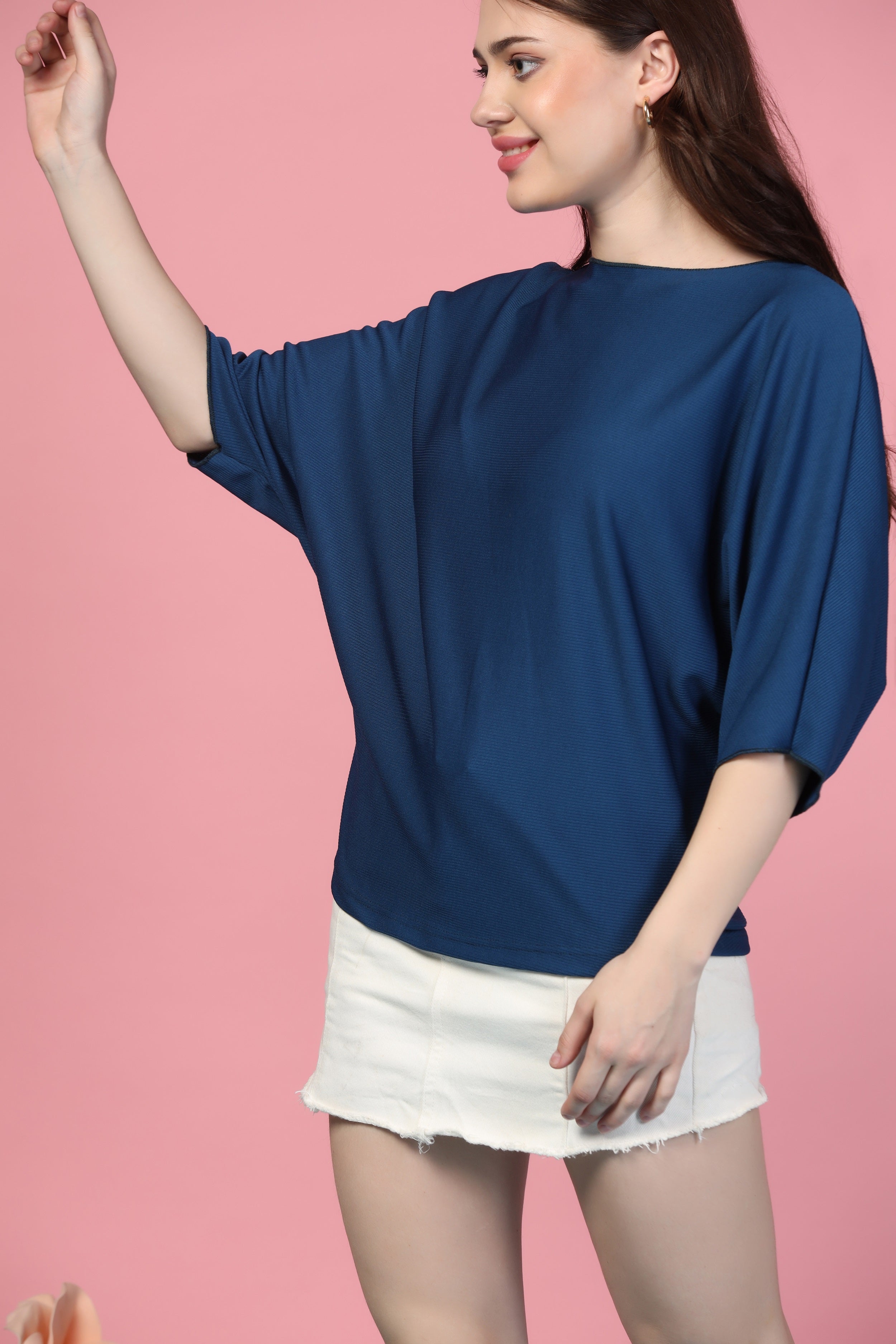 Zilcon Women Fashion Trendy Ribbed Boat Neck Navy Blue Top