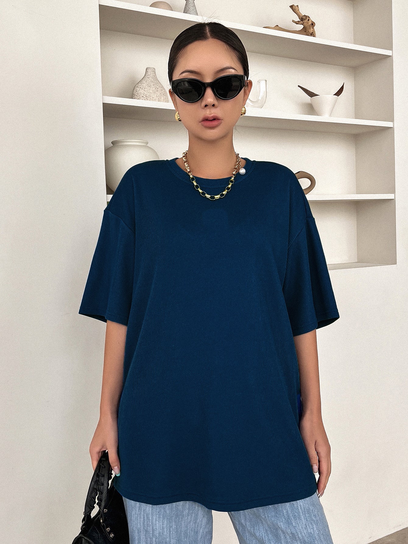 Women Dressy Office Work Casual Navy Blue Tops
