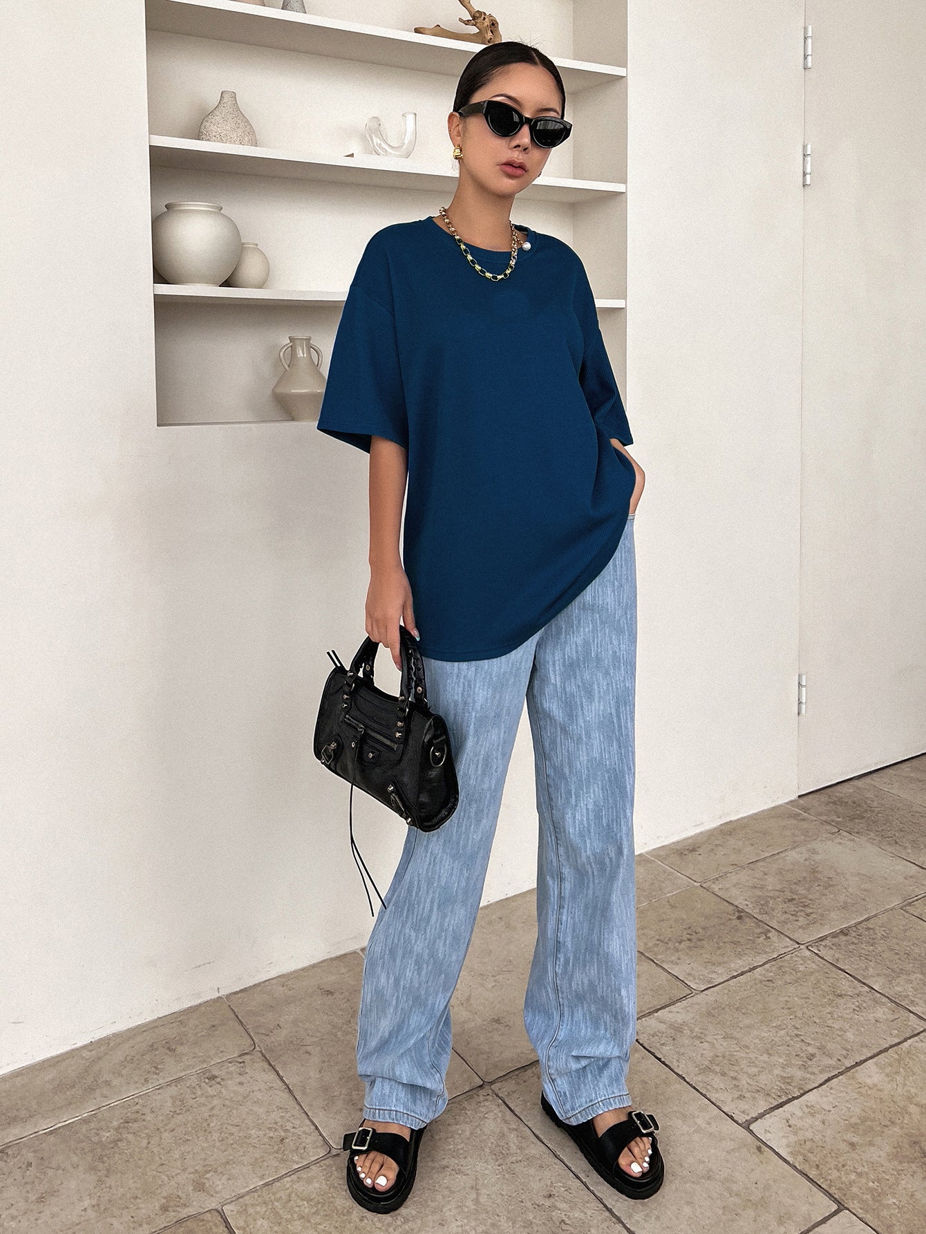 Women Dressy Office Work Casual Navy Blue Tops