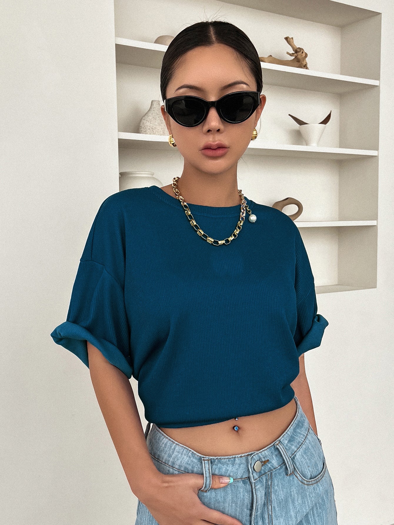 Women Dressy Office Work Casual Navy Blue Tops