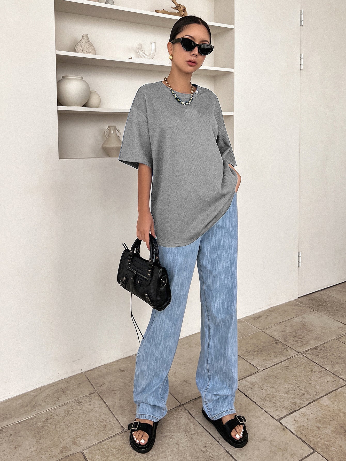 Women Dressy Office Work Casual Pure Grey Tops