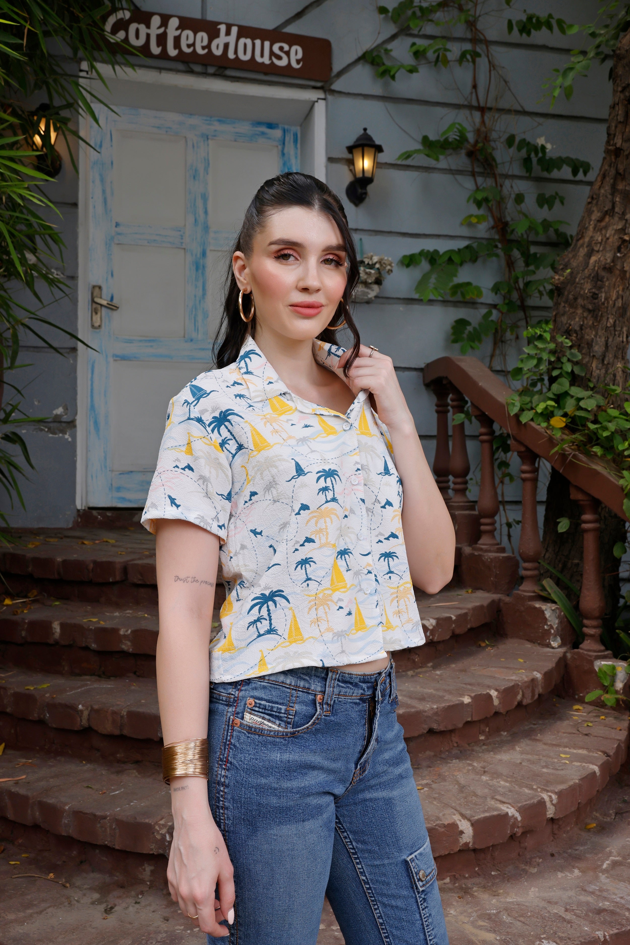 Zilcon Womens Button Down Shirt Short Sleeve Printed V Neck Collared Button Up Summer Traveling Shirt Work Tops