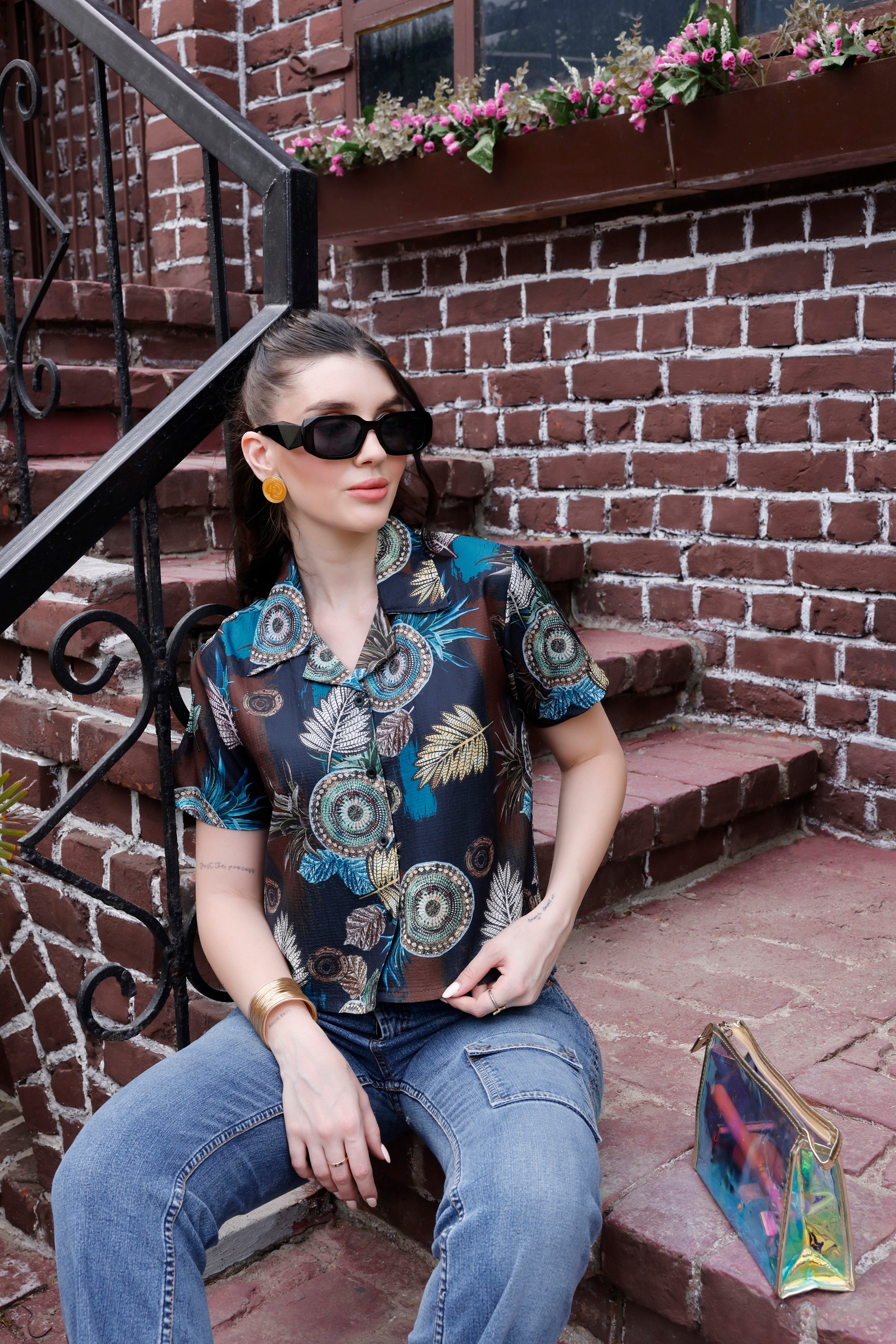 Zilcon Womens Button Down Shirt Short Sleeve Printed V Neck Collared Button Up Summer Traveling Shirt Work Tops