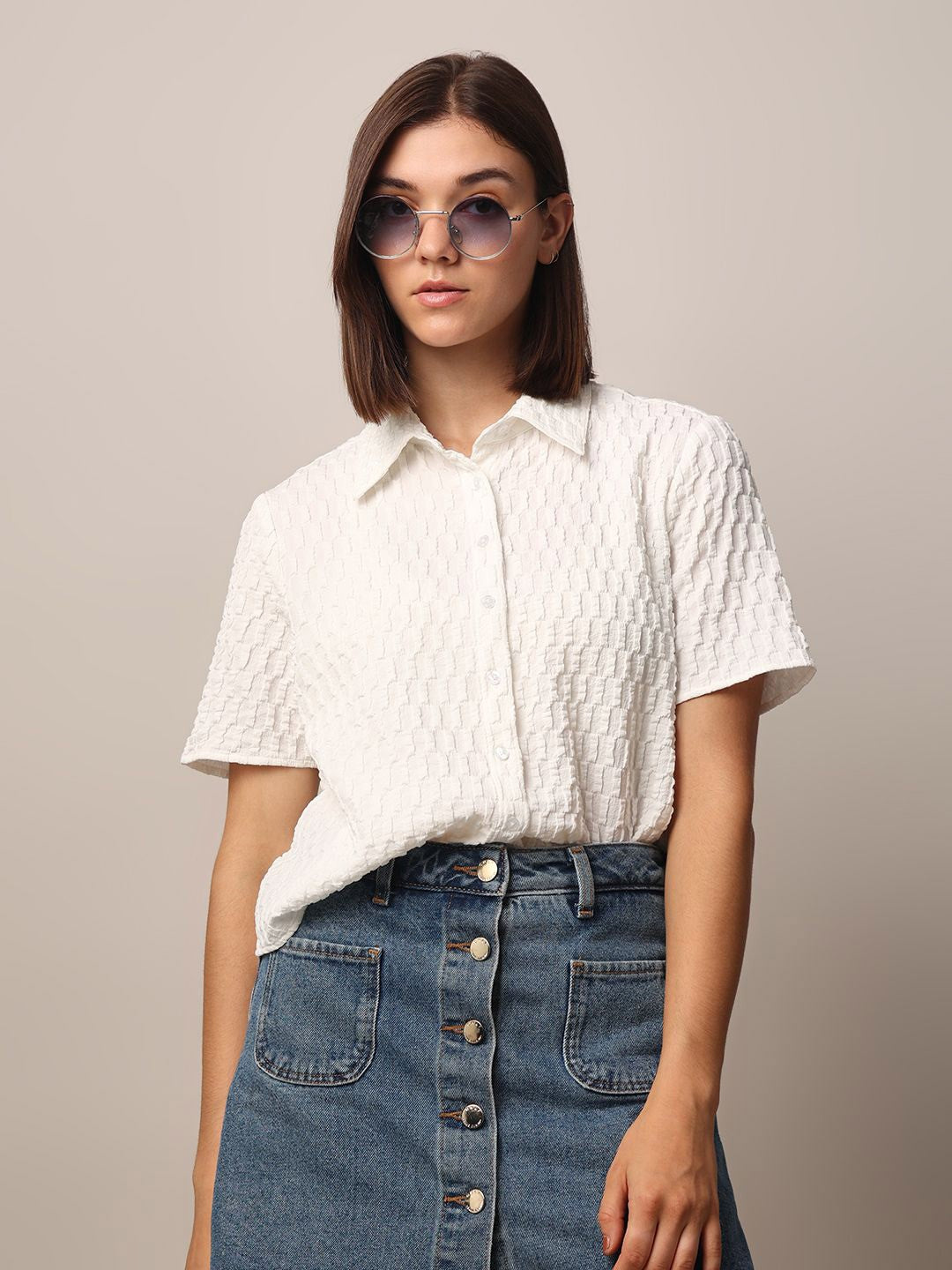 Women Loose Button Down Shirt Type White Tops