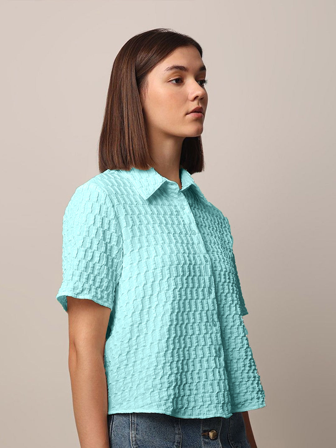 Women Loose Button Down Shirt Type Turquoise Blue Tops