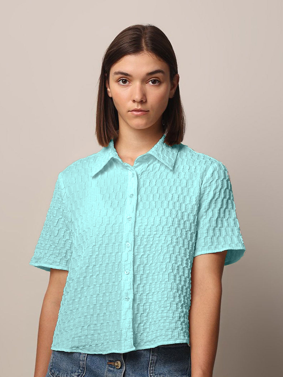 Women Loose Button Down Shirt Type Turquoise Blue Tops