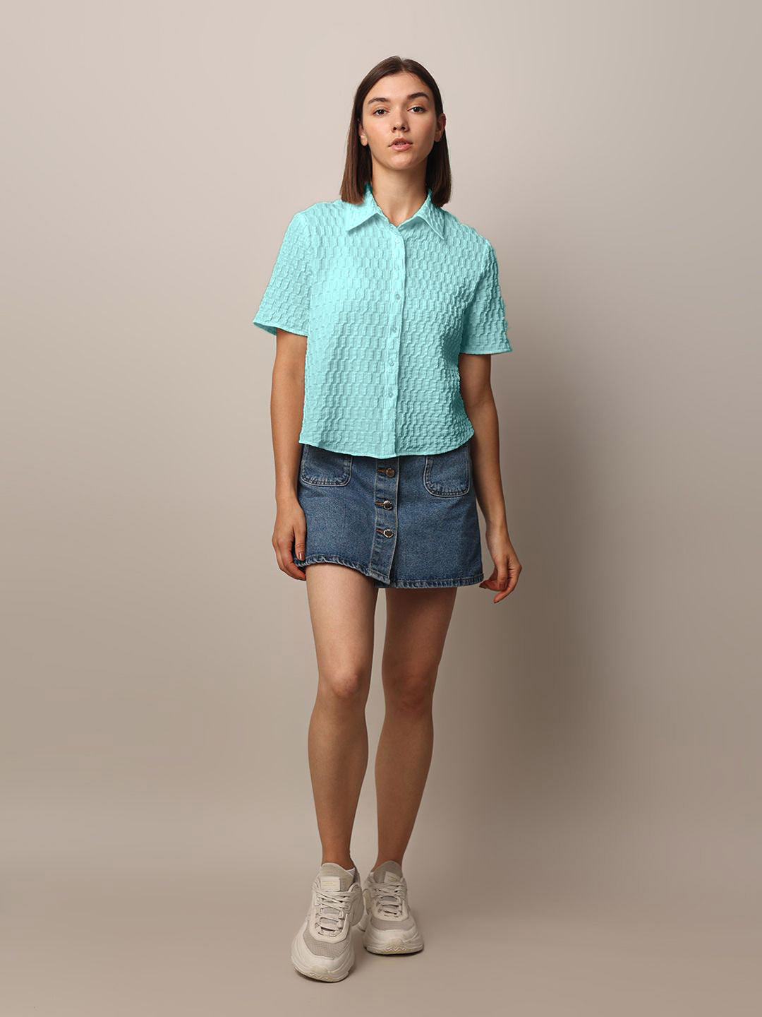 Women Loose Button Down Shirt Type Turquoise Blue Tops