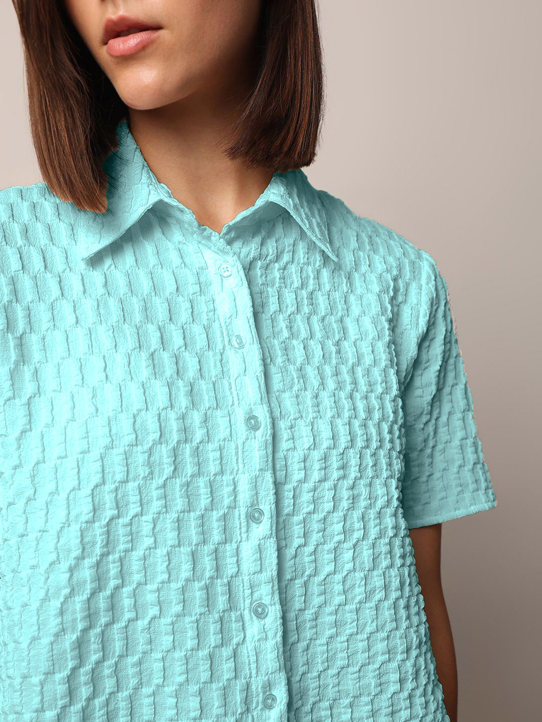 Women Loose Button Down Shirt Type Turquoise Blue Tops