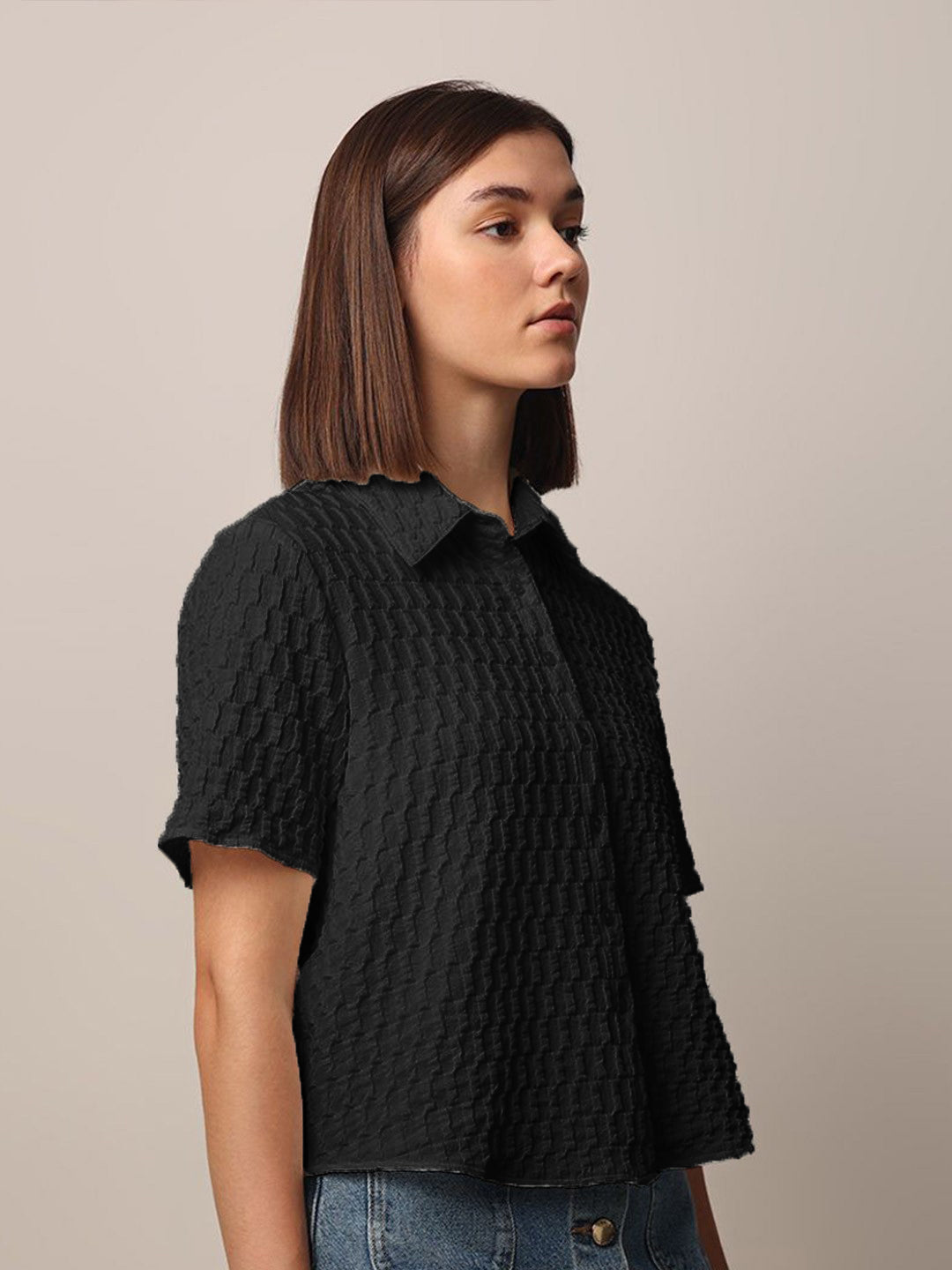 Women Loose Button Down Shirt Type Black Tops