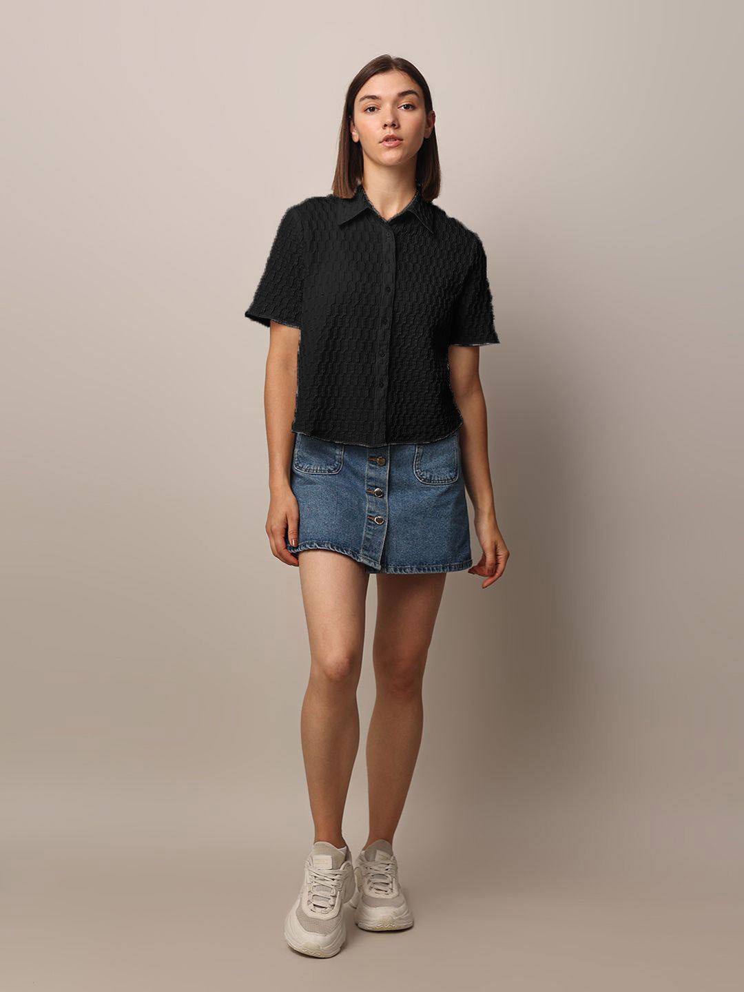 Women Loose Button Down Shirt Type Black Tops