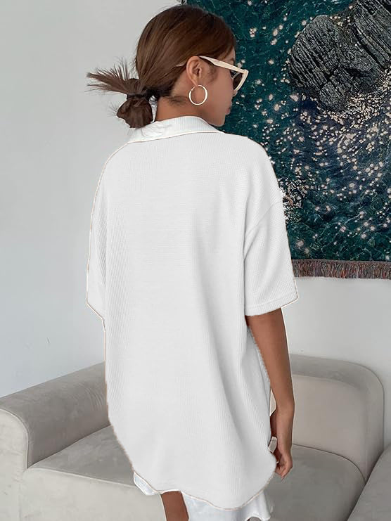 Women Collared Preppy Oversized White Tops