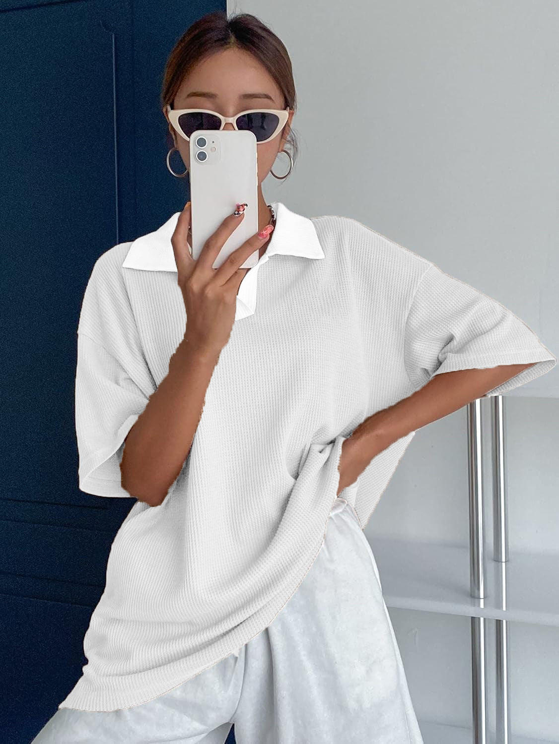 Women Collared Preppy Oversized White Tops