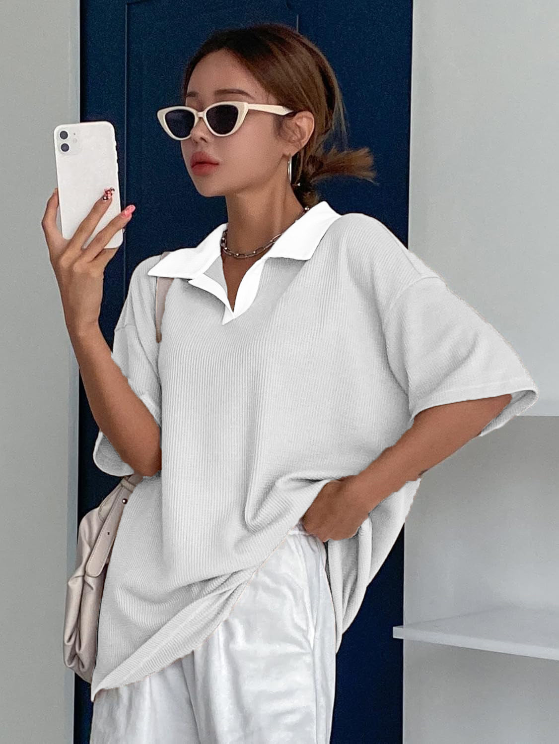 Women Collared Preppy Oversized White Tops