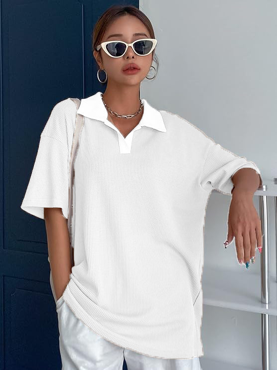 Women Collared Preppy Oversized White Tops