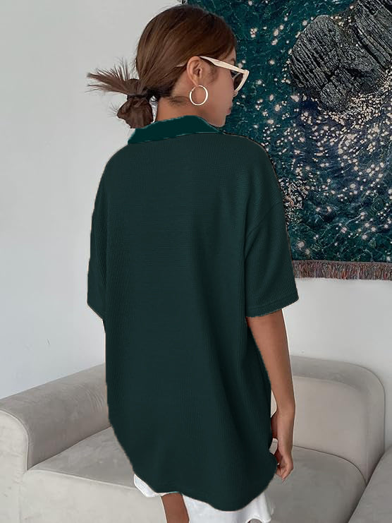 Women Collared Preppy Oversized Dark Green Tops