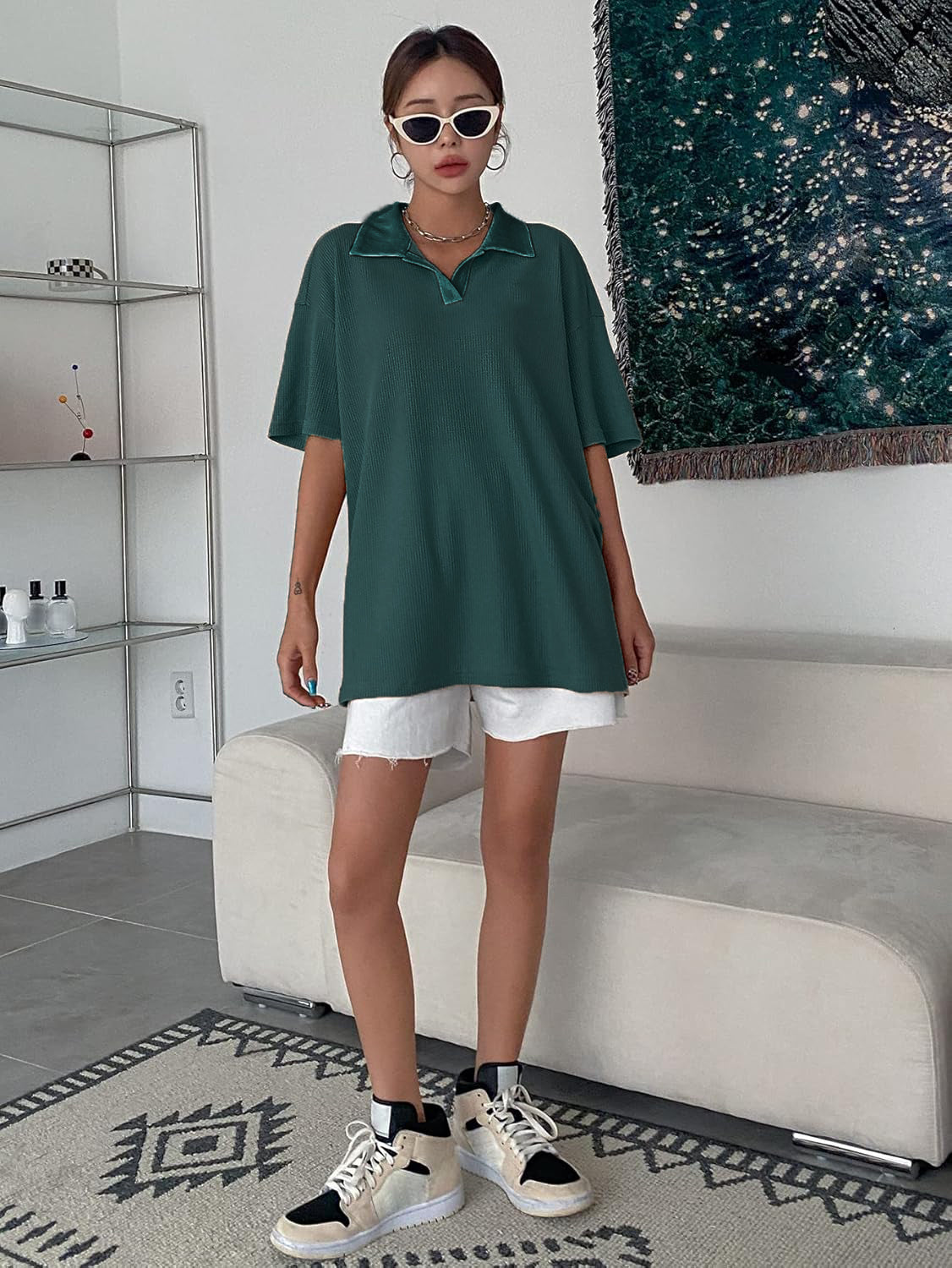 Women Collared Preppy Oversized Dark Green Tops