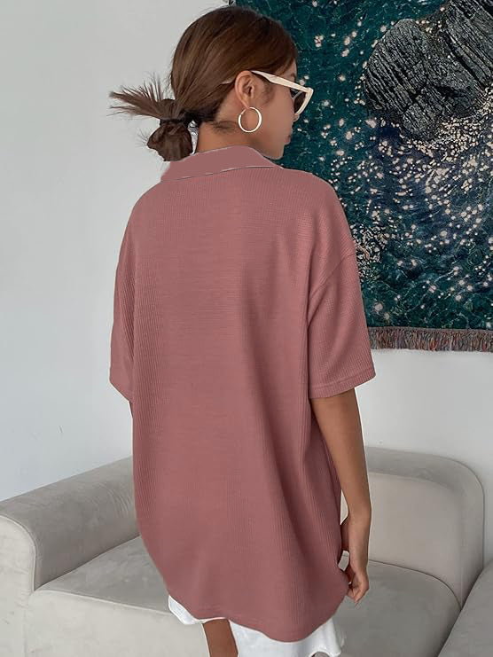 Women Collared Preppy Oversized Pink Tops