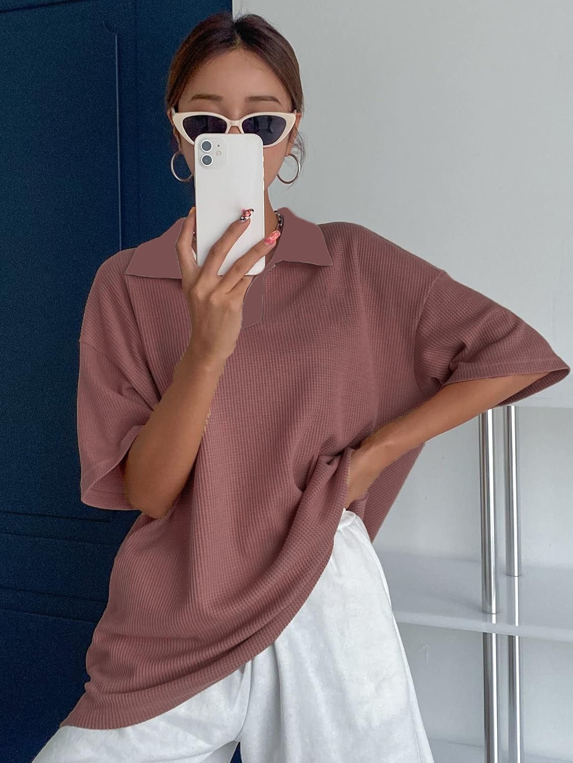 Women Collared Preppy Oversized Pink Tops
