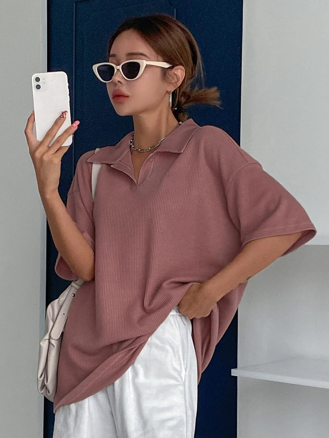 Women Collared Preppy Oversized Pink Tops