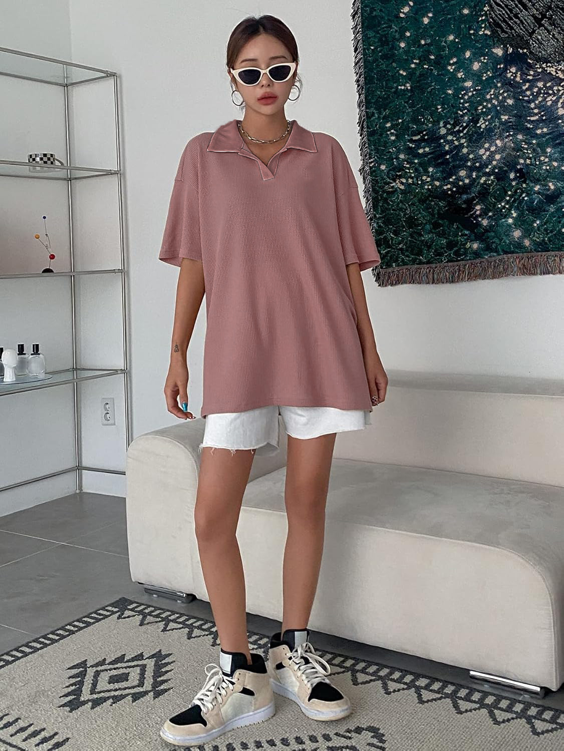 Women Collared Preppy Oversized Pink Tops