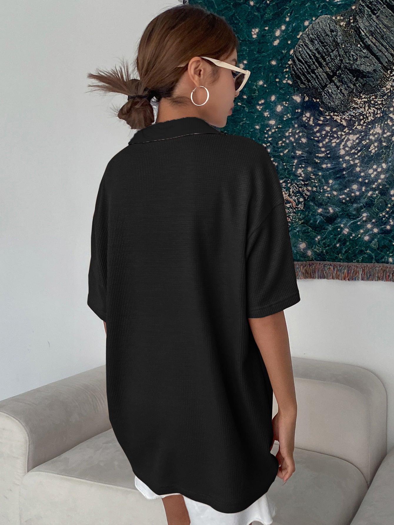 Women Collared Preppy Oversized Black Tops
