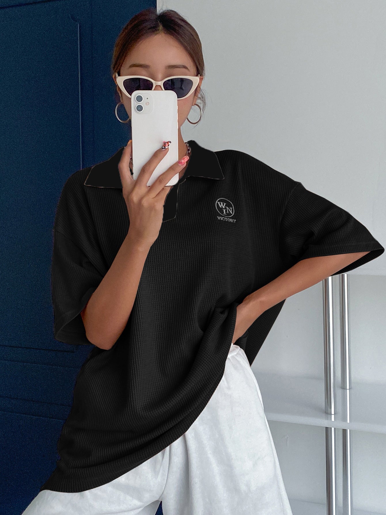 Women Collared Preppy Oversized Black Tops