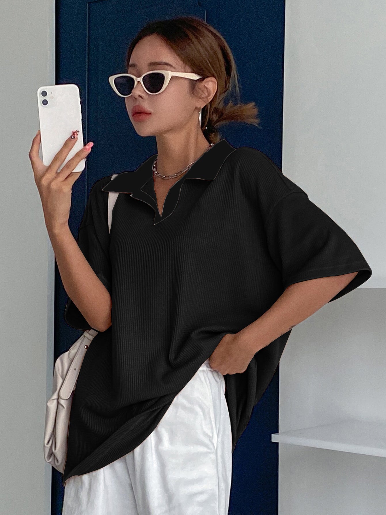 Women Collared Preppy Oversized Black Tops