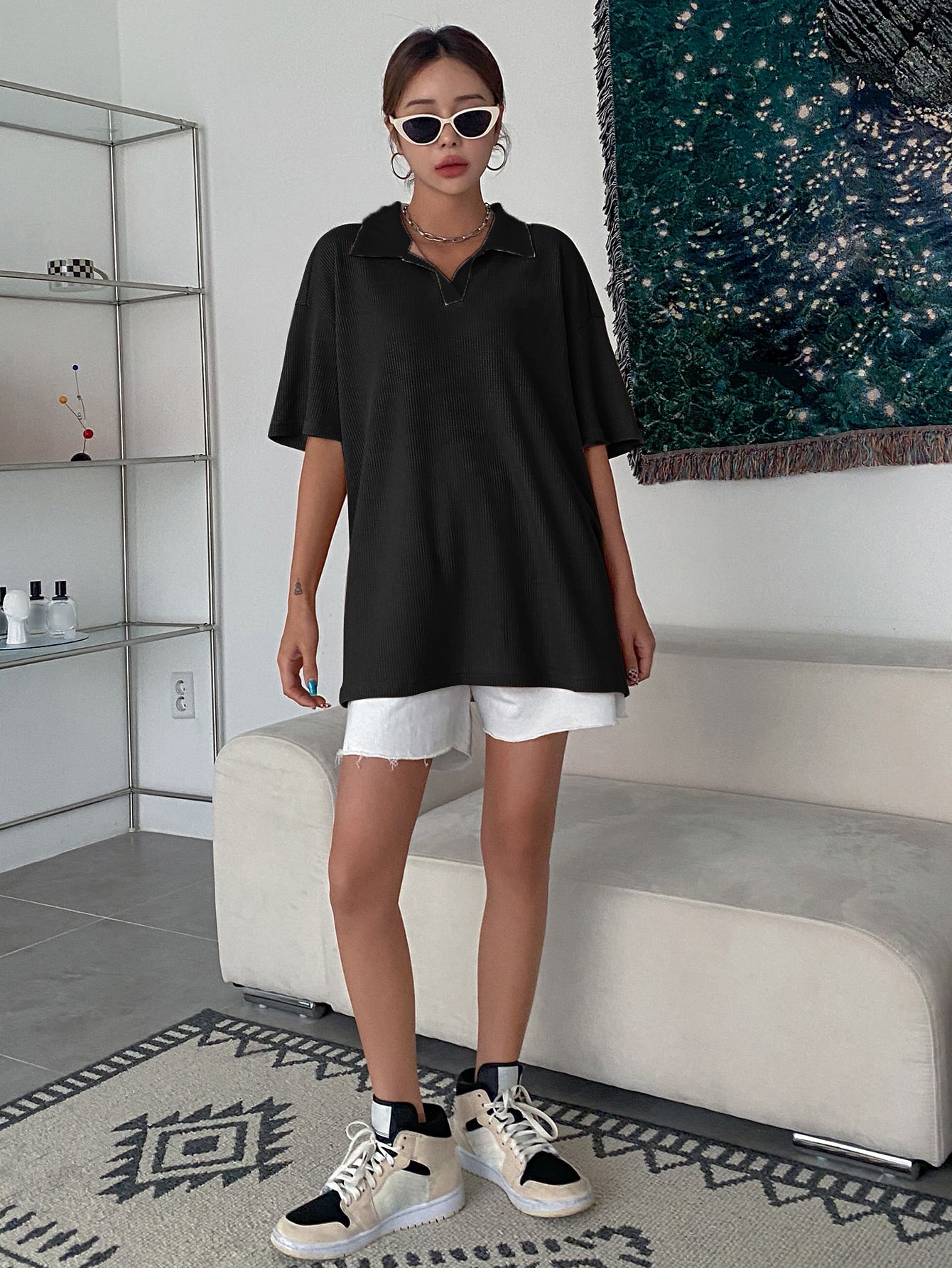 Women Collared Preppy Oversized Black Tops
