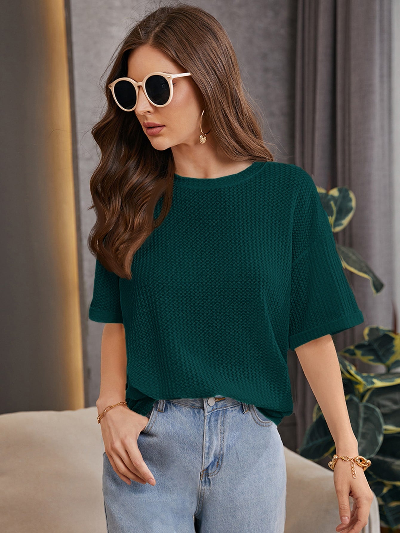 Women Oversized Western Dark Green Tops