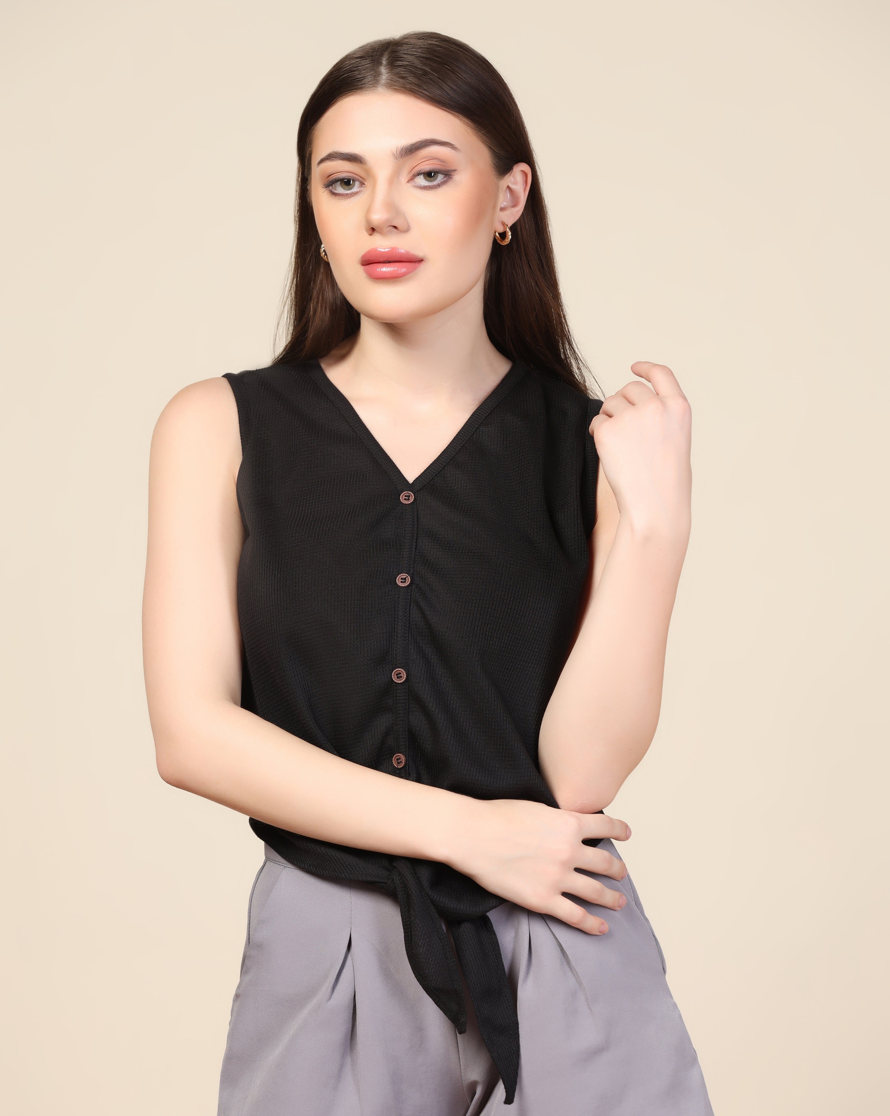 Women Waffle Regular Fit Western Black Tops