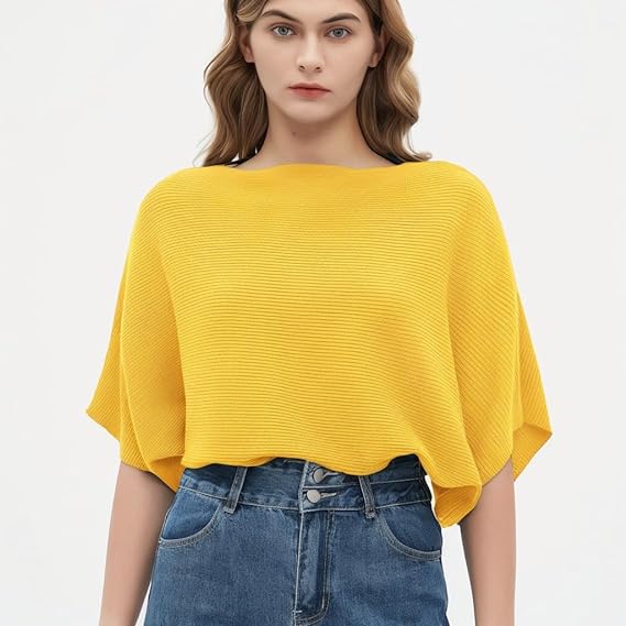 Women Ribbed Bagy Balloon Style Fit Yellow Tops