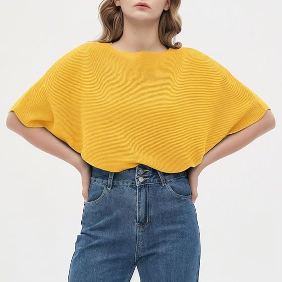 Women Ribbed Bagy Balloon Style Fit Yellow Tops