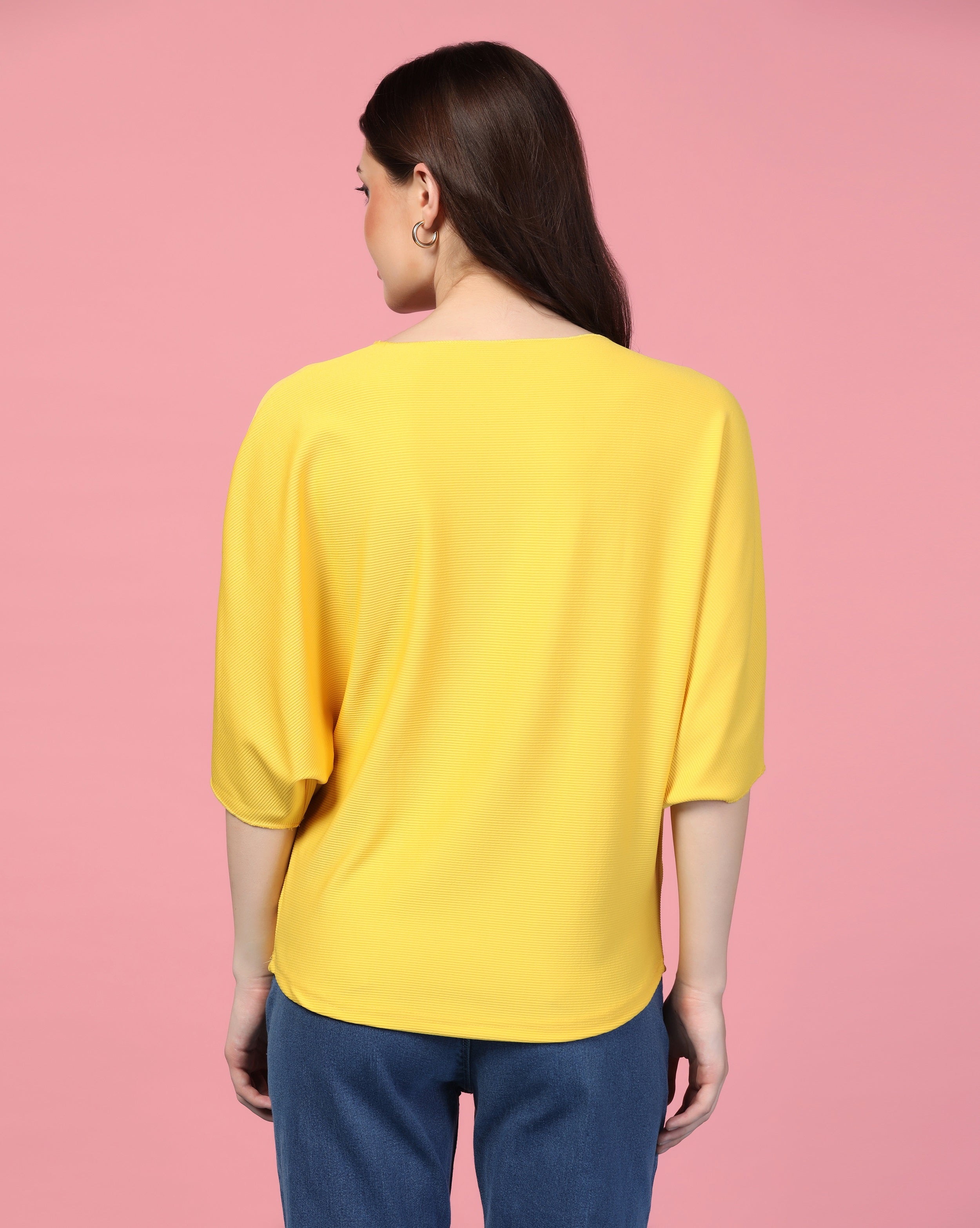 Zilcon Women Fashion Trendy Ribbed Boat Neck Yellow Top